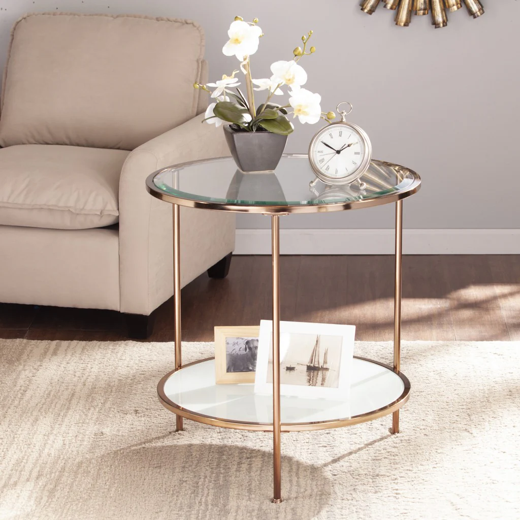 26" Gold Glass And Iron Round End Table With Shelf By Homeroots - Image 5