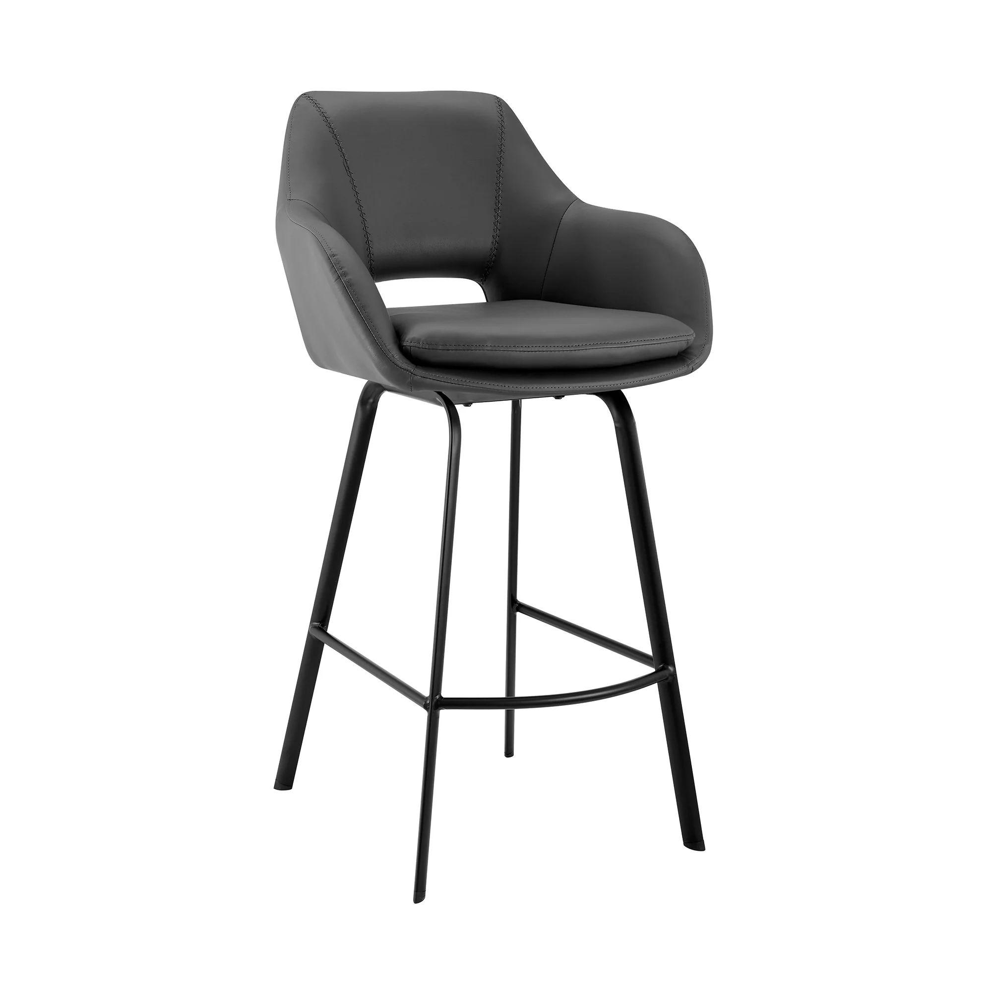 26" Gray on Black Faux Leather Comfy Swivel Counter Stool By Homeroots - Image 2