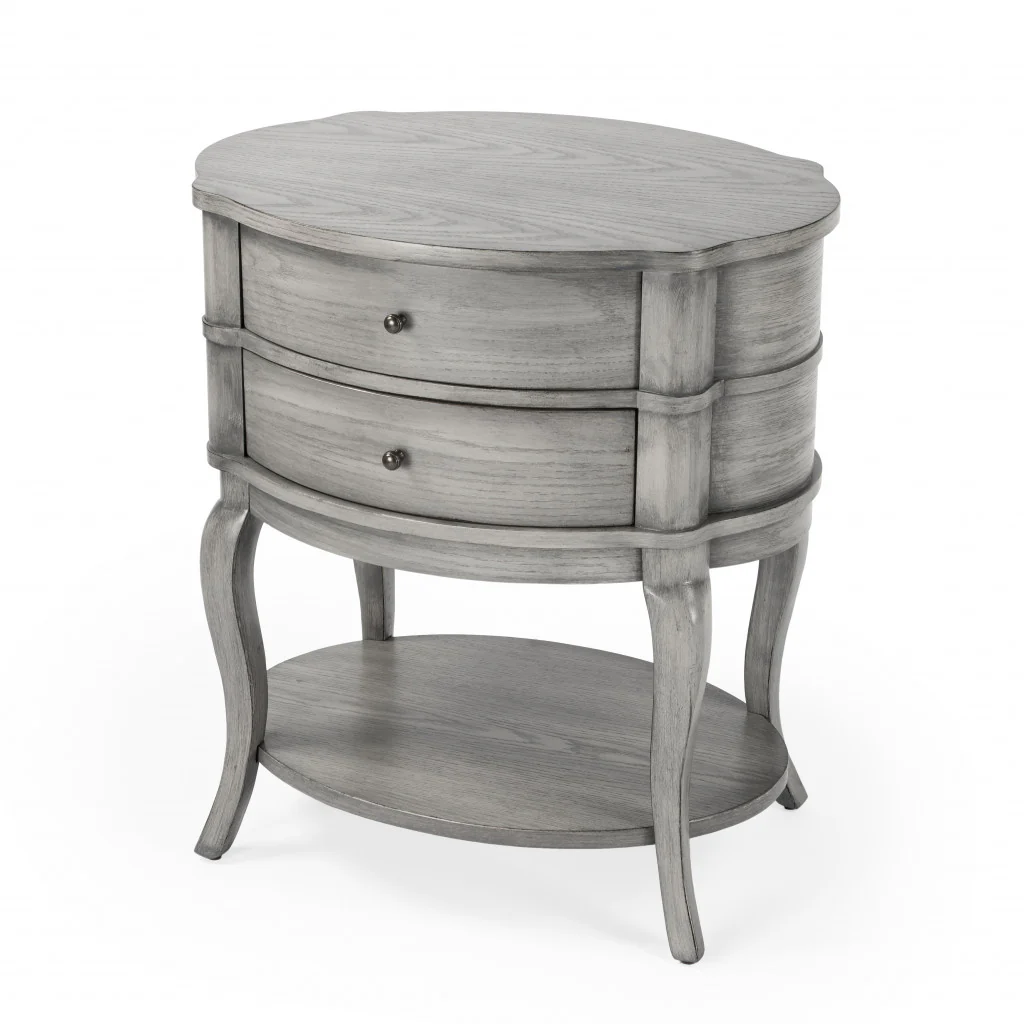 26" Gray Wood Oval End Table With Two Drawers And Shelf By Homeroots - Image 2