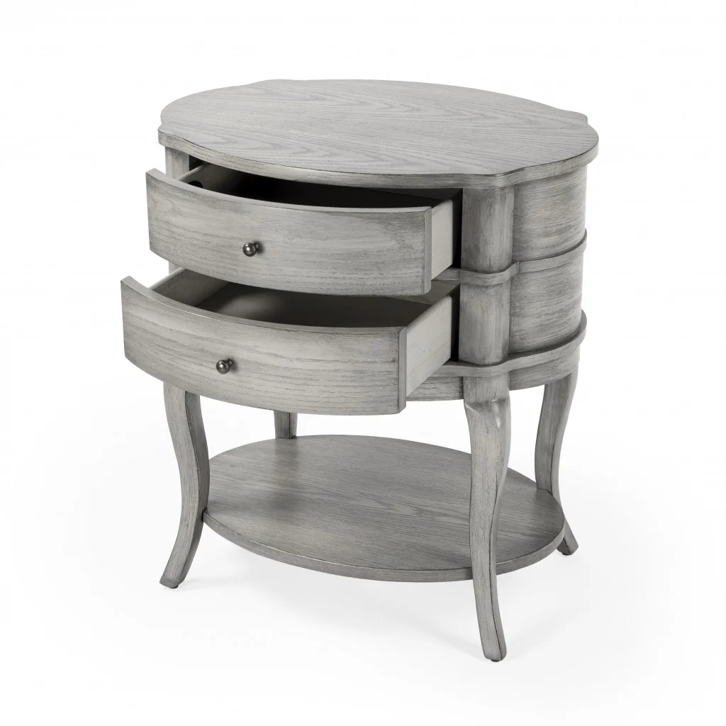 26" Gray Wood Oval End Table With Two Drawers And Shelf By Homeroots - Image 3