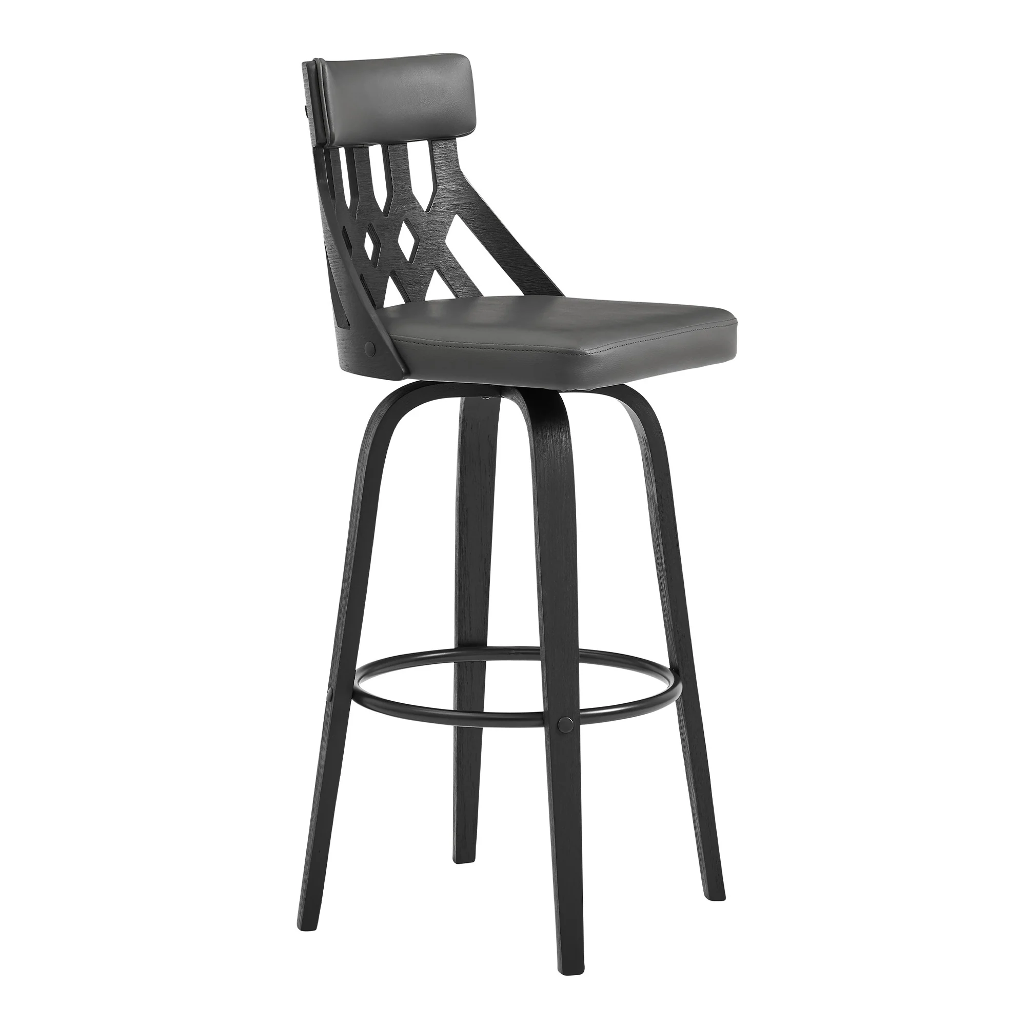 26" Grey Faux Leather Curved Back Walnut Wood Swivel Bar Stool By Homeroots - Image 2