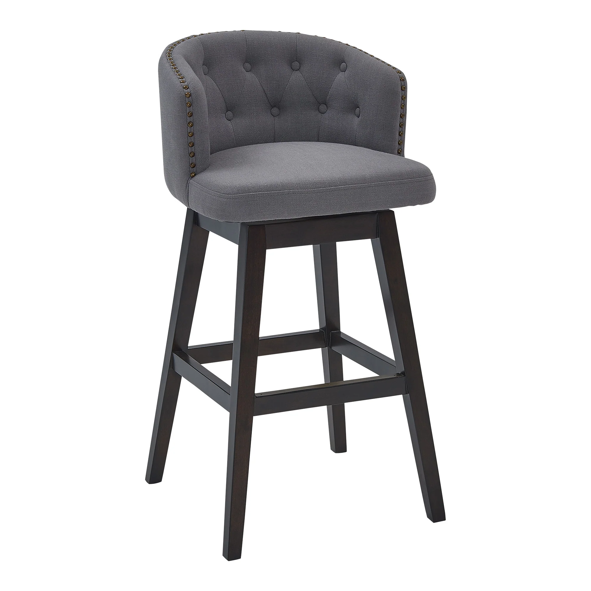 26" Grey Tufted Fabric and Dark Espresso Wood Swivel Bar Stool By Homeroots - Image 2