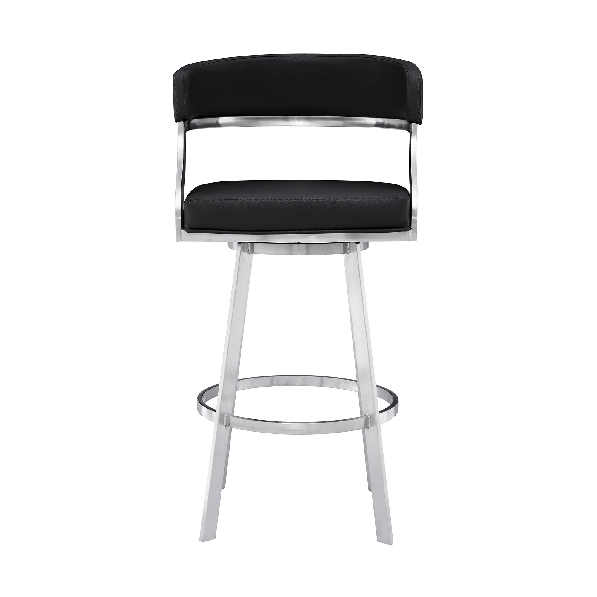 26 Inch Curved Seat Leatherette Swivel Barstool Silver And Black By Benzara - Image 2