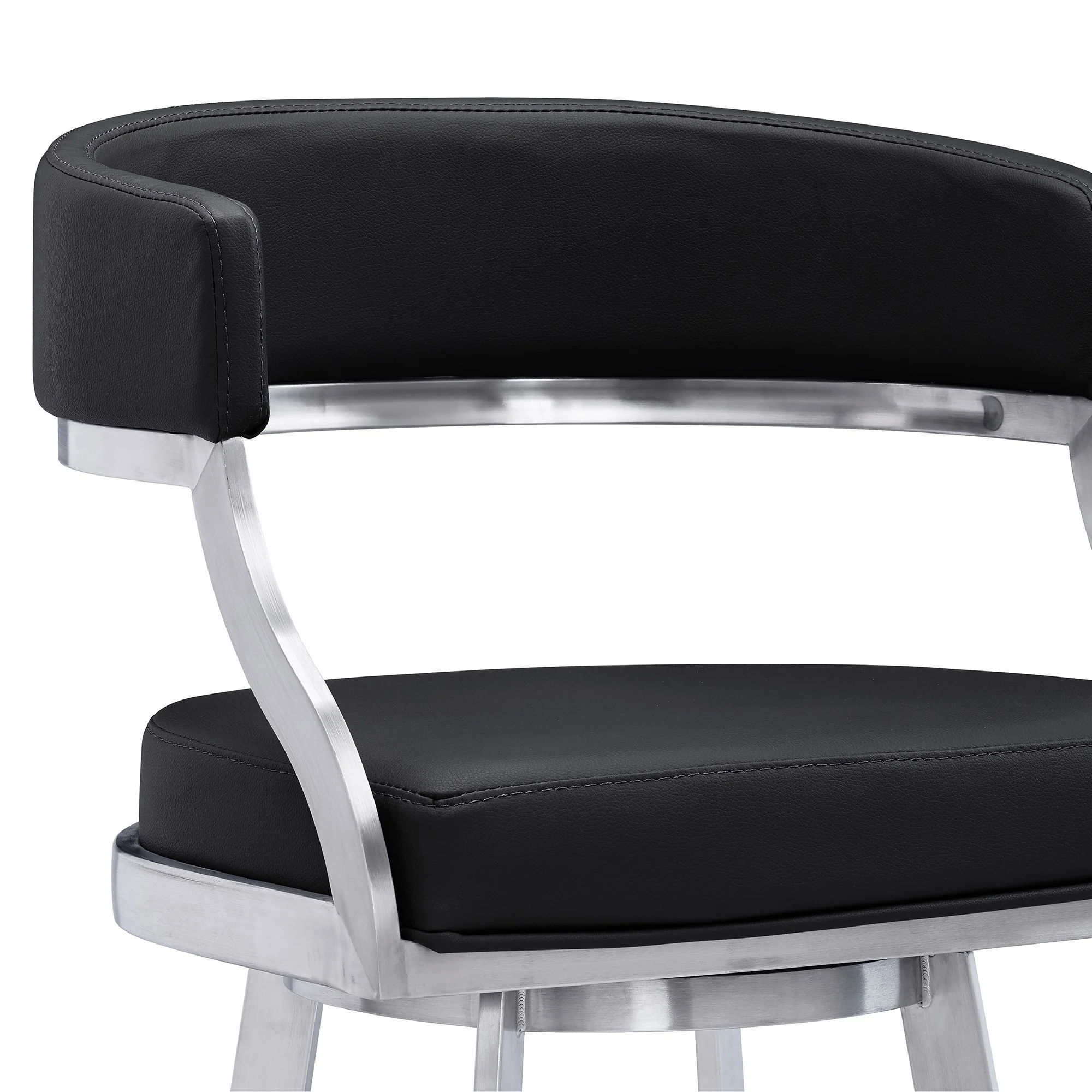 26 Inch Curved Seat Leatherette Swivel Barstool Silver And Black By Benzara - Image 4