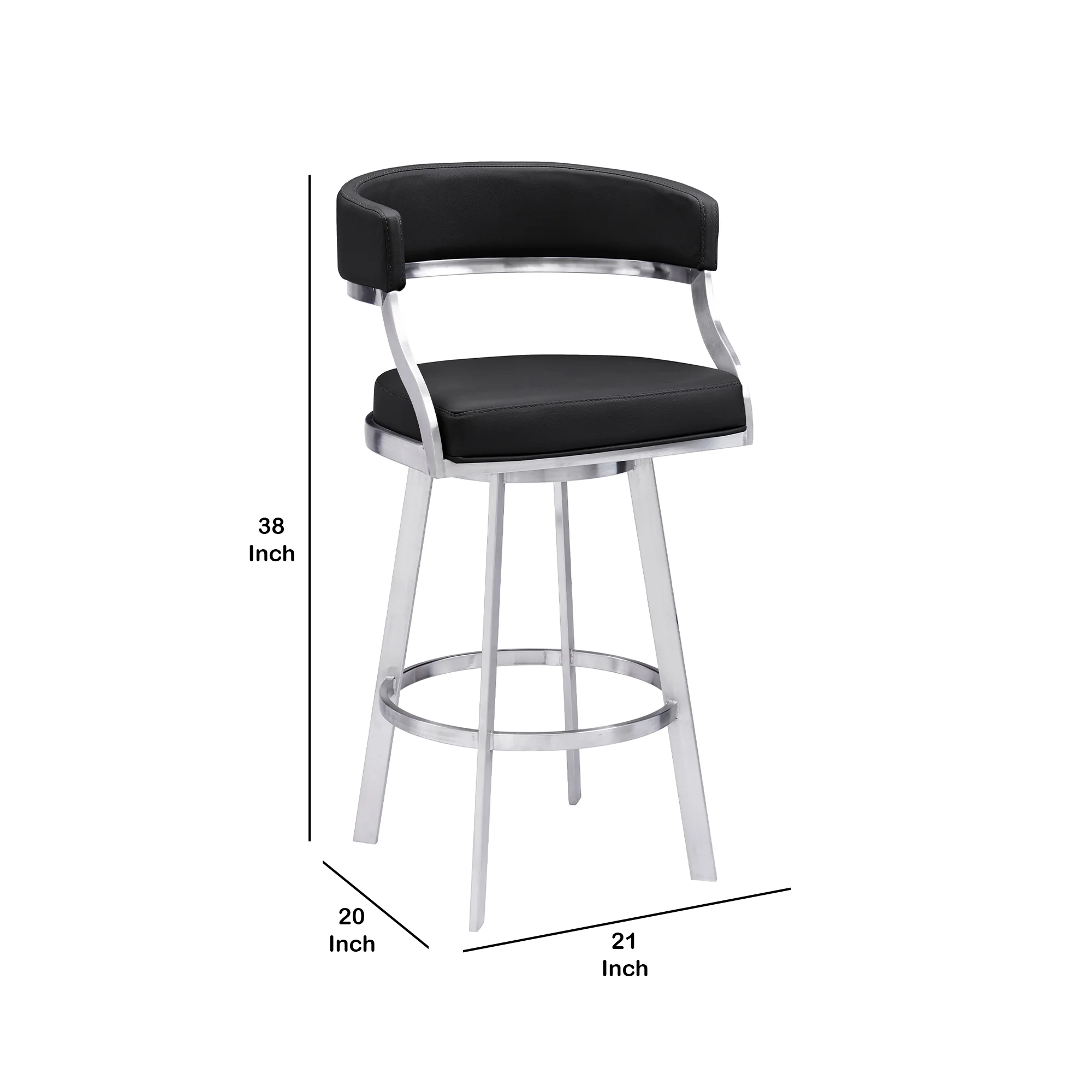26 Inch Curved Seat Leatherette Swivel Barstool Silver And Black By Benzara - Image 5