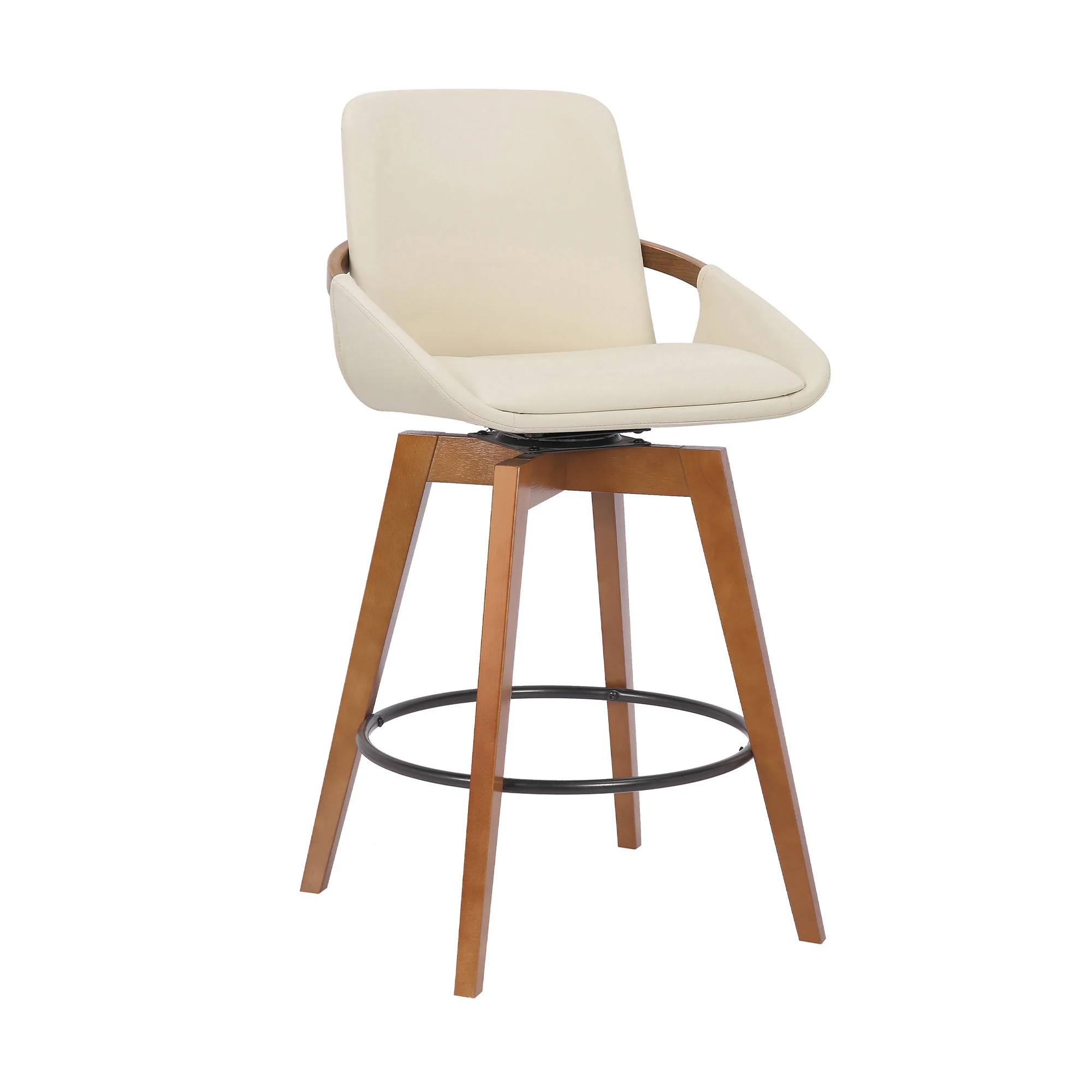 26" Luxurious Cream and Walnut Faux Leather Swivel Bar Stool By Homeroots - Image 2
