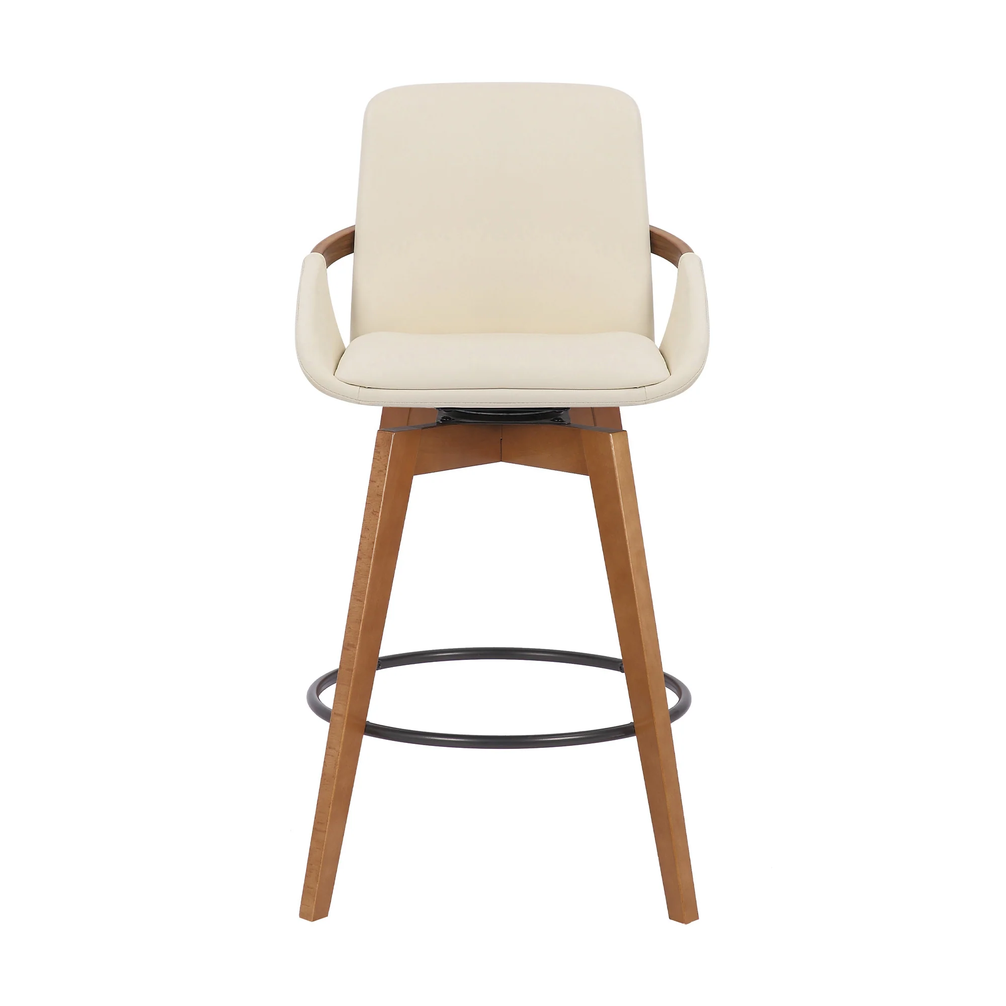 26" Luxurious Cream and Walnut Faux Leather Swivel Bar Stool By Homeroots - Image 3
