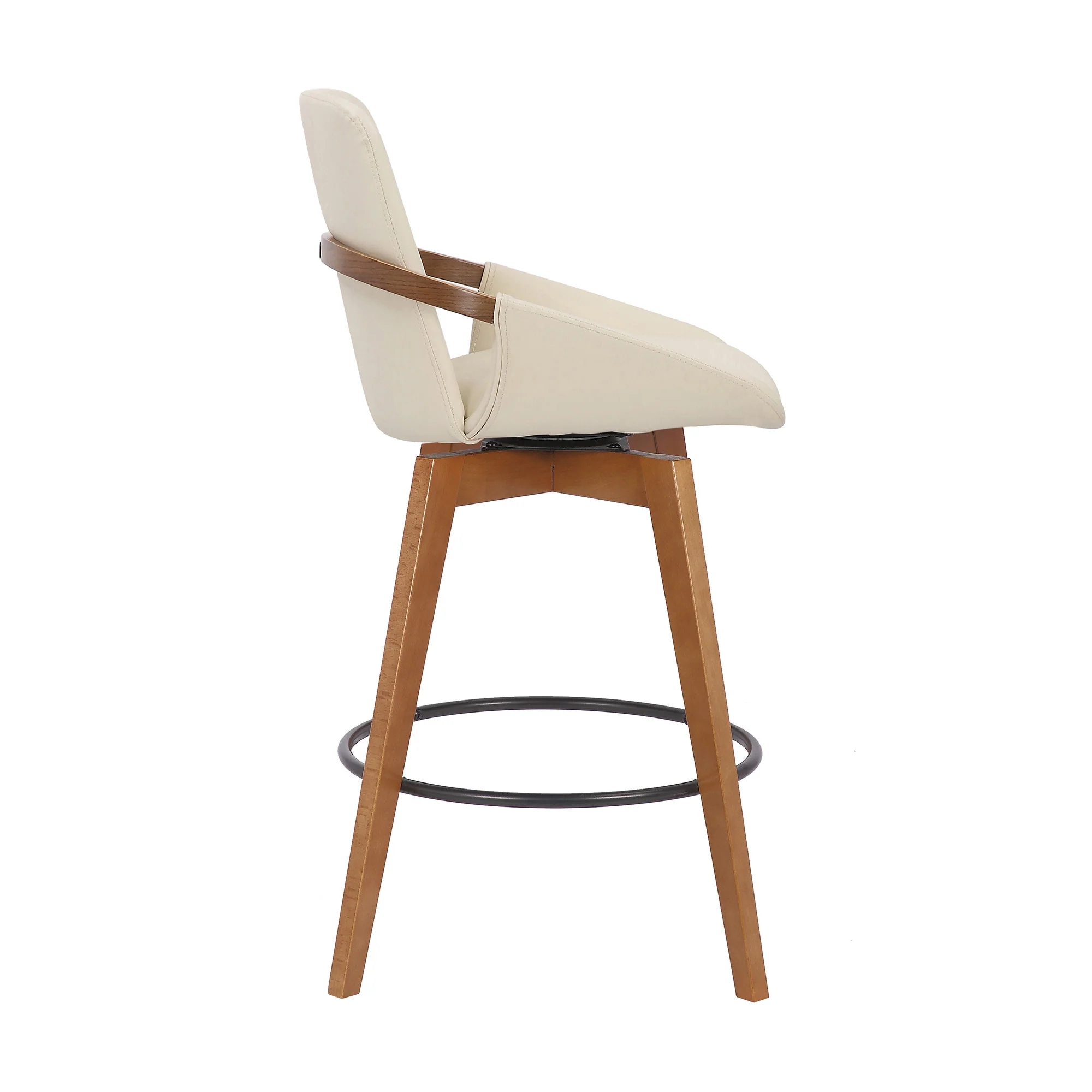 26" Luxurious Cream and Walnut Faux Leather Swivel Bar Stool By Homeroots - Image 4