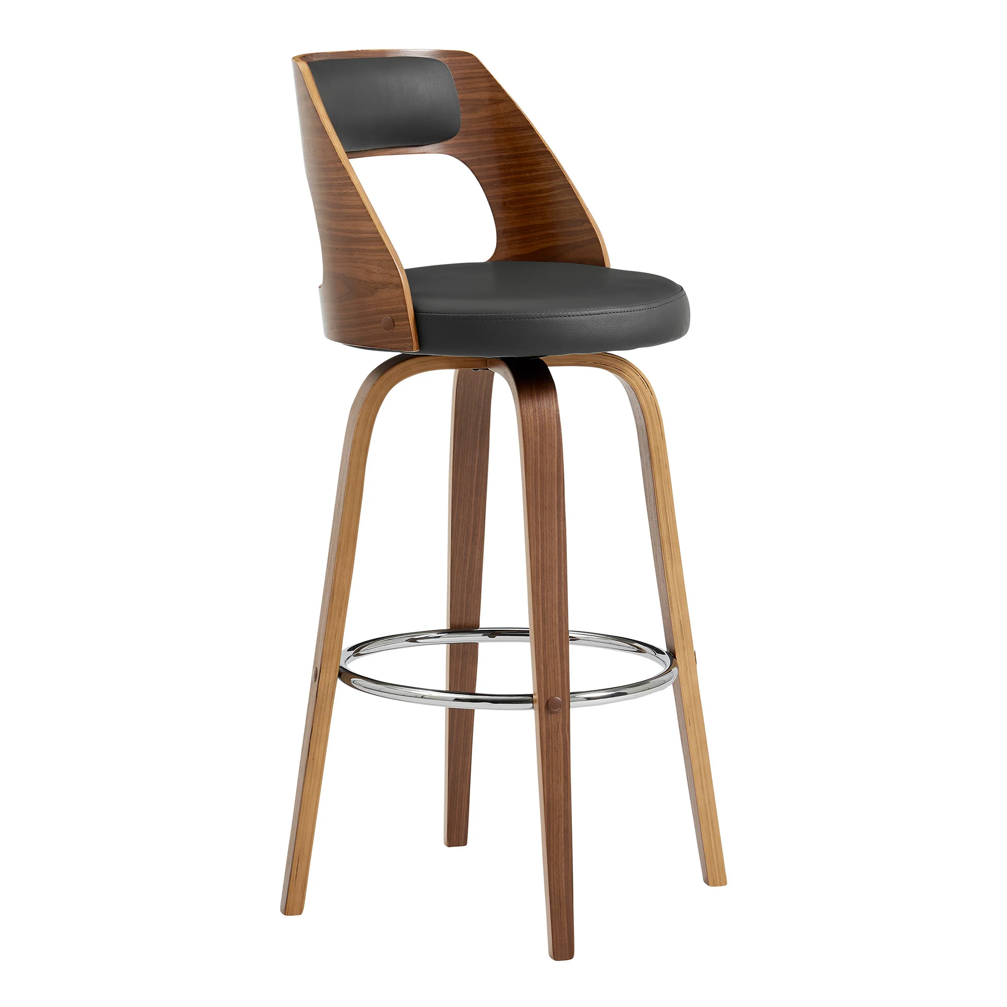26" Retro Mod Grey Faux Leather and Walnut Swivel Counter Stool By Homeroots - Image 2