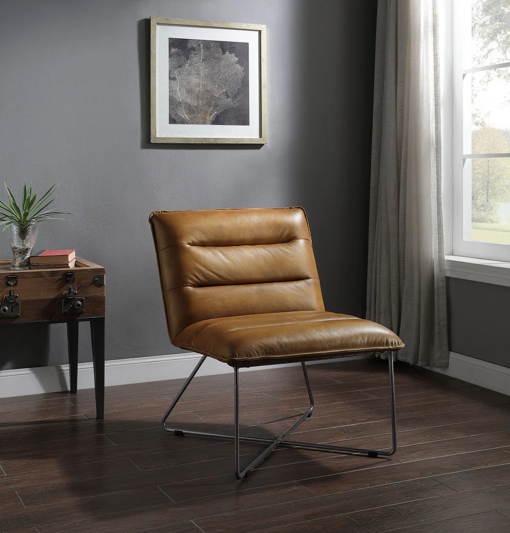 26" Saddle Brown Top Grain Leather And Brown Solid Color Slipper Chair By Homeroots - Image 6