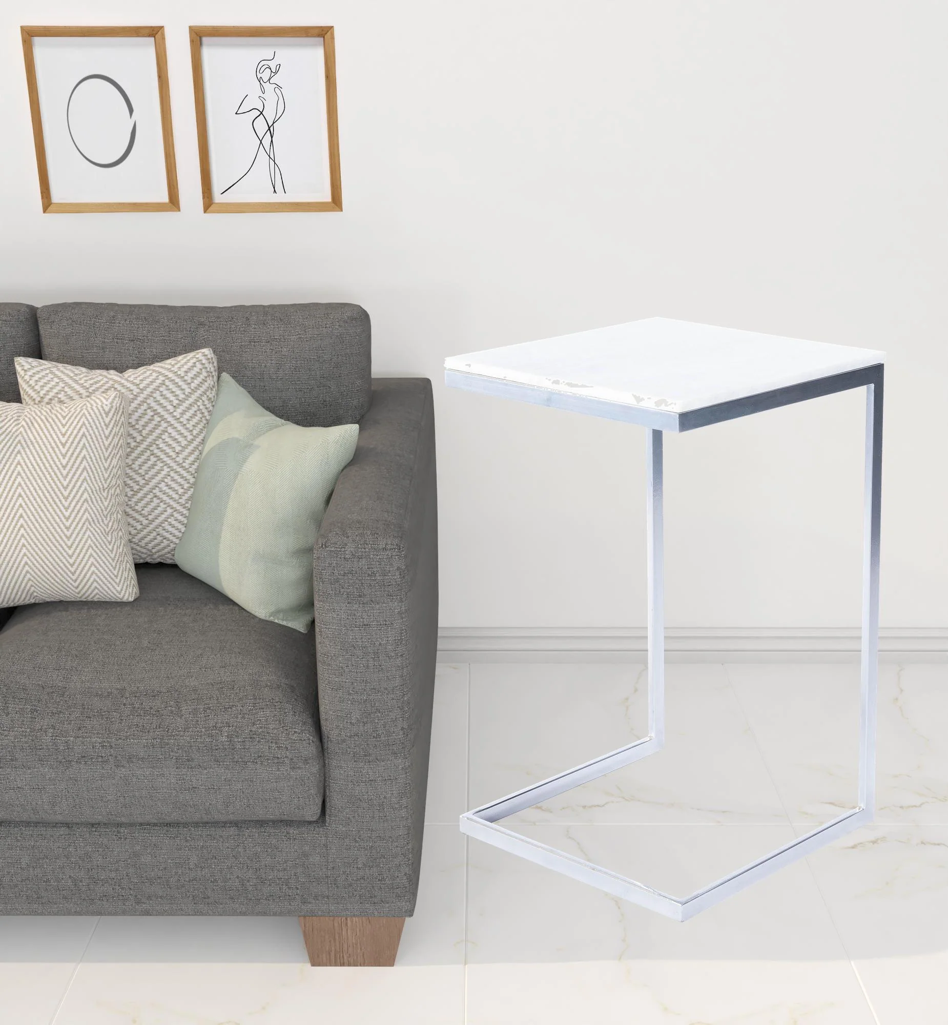 26" Silver and White Marble Square C Shape End Table By Homeroots - Image 6