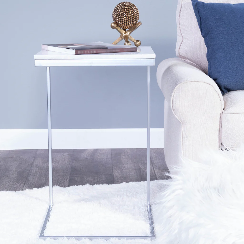 26" Silver and White Marble Square C Shape End Table By Homeroots - Image 8
