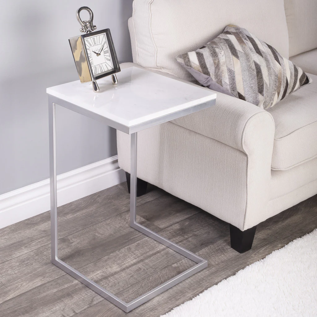 26" Silver and White Marble Square C Shape End Table By Homeroots - Image 9
