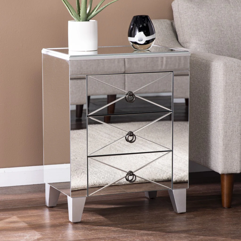 26" Silver Manufactured Wood And Iron Rectangular Mirrored End Table With Three Drawers And By Homeroots - Image 2