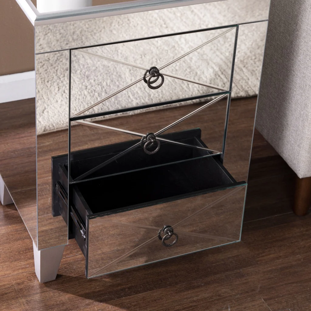 26" Silver Manufactured Wood And Iron Rectangular Mirrored End Table With Three Drawers And By Homeroots - Image 7