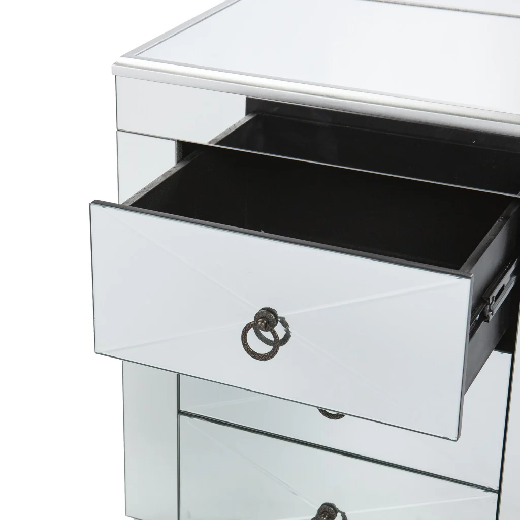 26" Silver Manufactured Wood And Iron Rectangular Mirrored End Table With Three Drawers And By Homeroots - Image 8