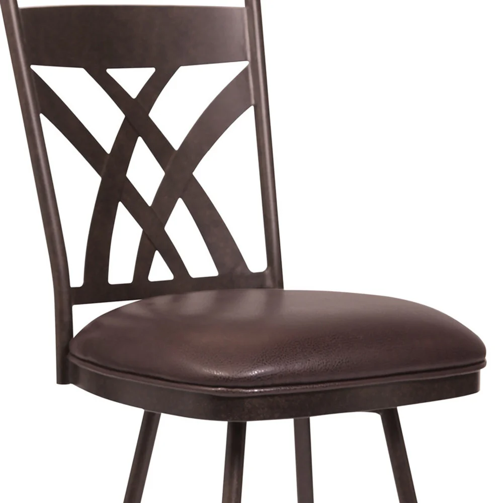 26" Stylish Brown Faux Leather Brown Metal Lattice Back Swivel Bar Stool By Homeroots - Image 4