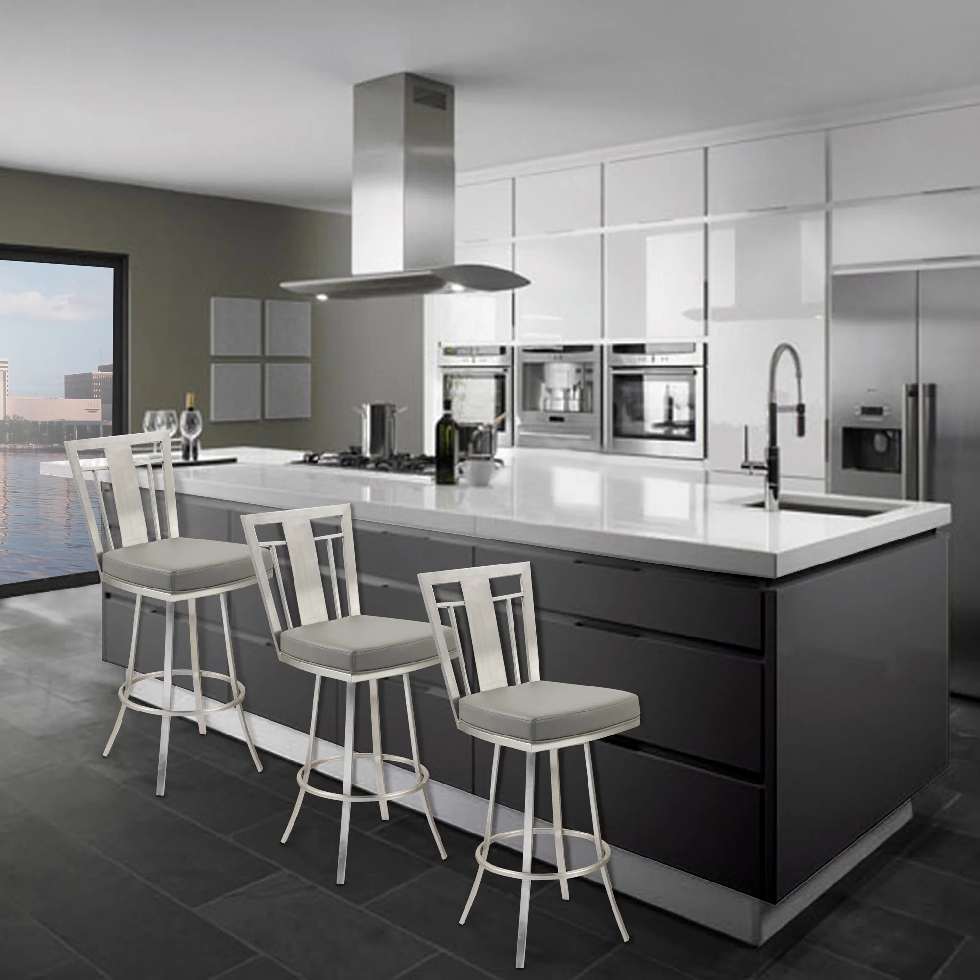 26" Transitional Grey Faux Leather Stainless Steel Swivel Bar Stool By Homeroots - Image 2