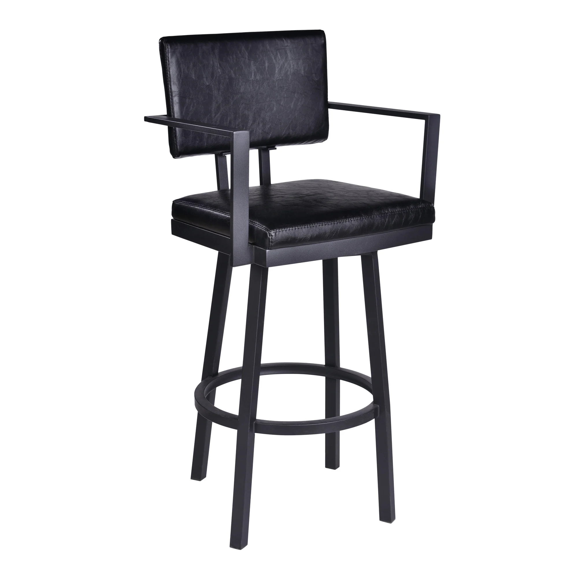 26" Vintage Black on Black Faux Leather Rectangular Swivel Barstool By Homeroots - Image 2