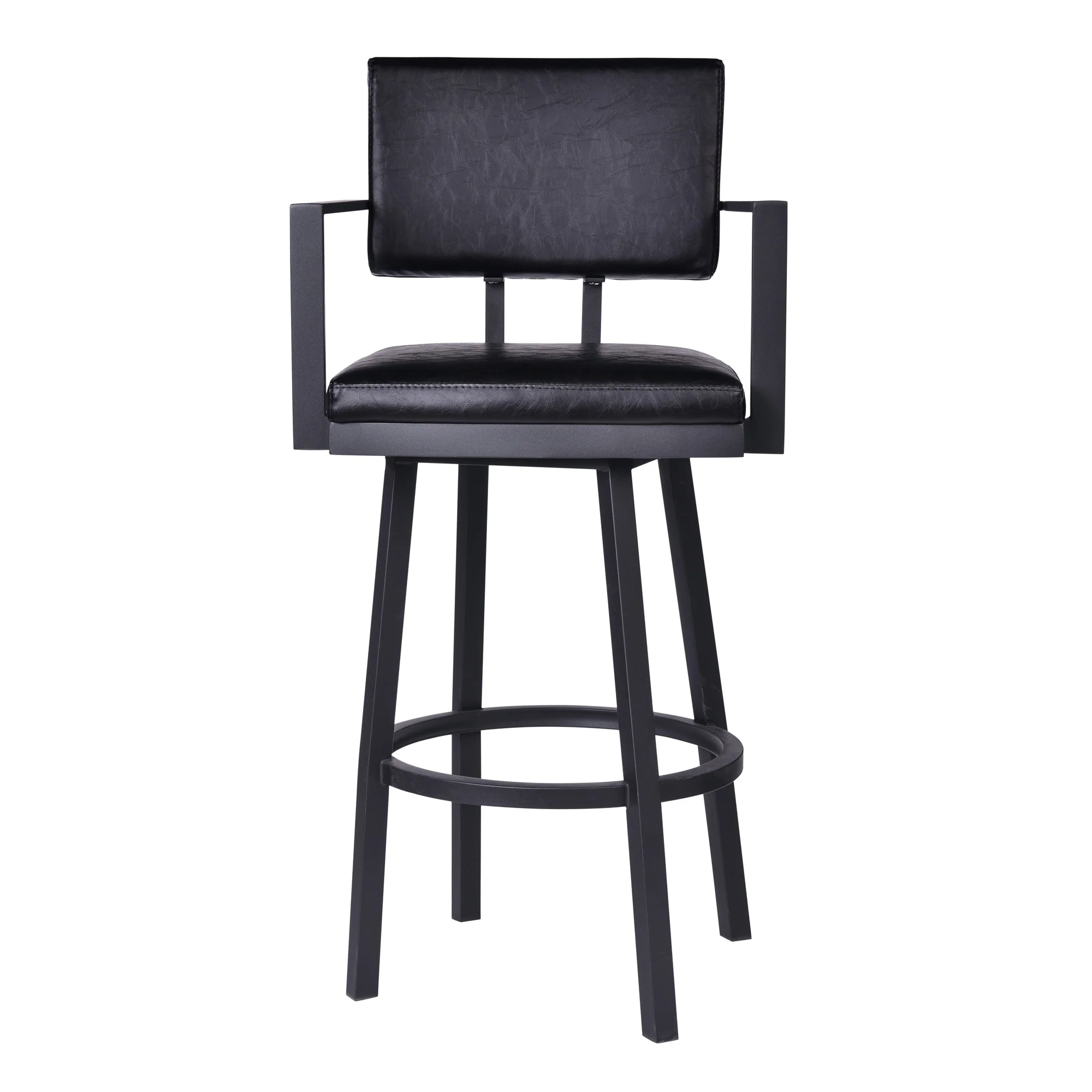 26" Vintage Black on Black Faux Leather Rectangular Swivel Barstool By Homeroots - Image 3