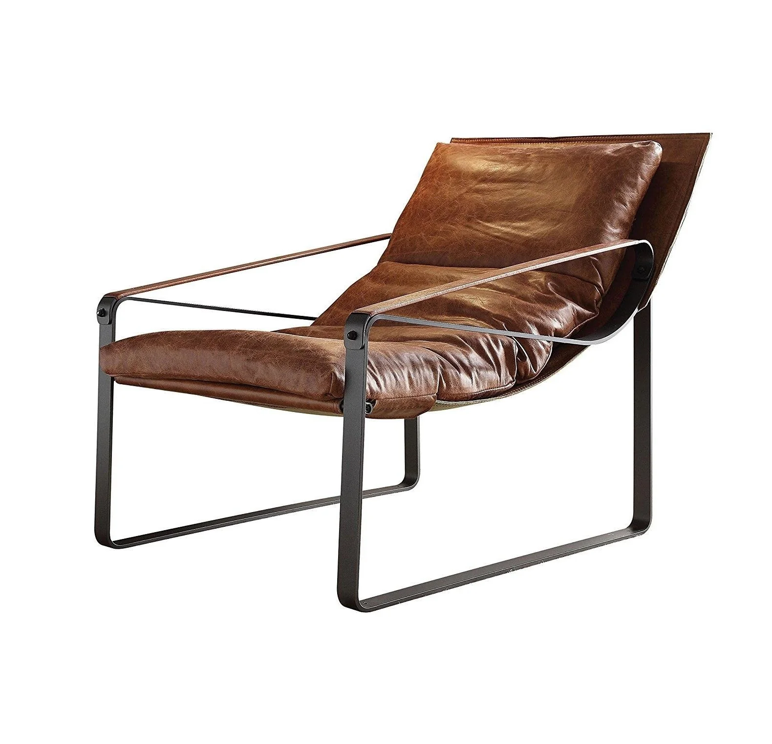 27" Brown Top Grain Leather And Steel Lounge Chair By Homeroots - Image 3
