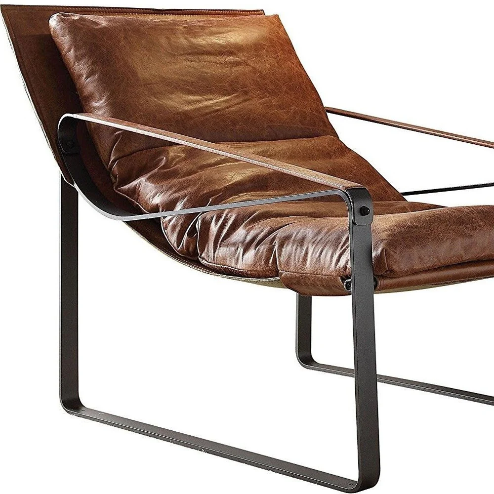 27" Brown Top Grain Leather And Steel Lounge Chair By Homeroots - Image 4