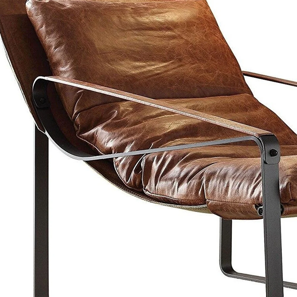 27" Brown Top Grain Leather And Steel Lounge Chair By Homeroots - Image 5