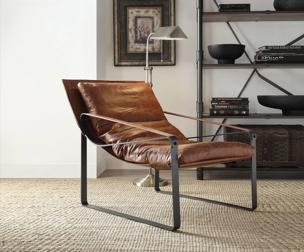27" Brown Top Grain Leather And Steel Lounge Chair By Homeroots - Image 6