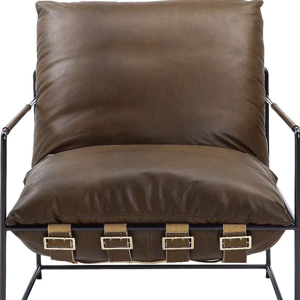27" Brown Top Grain Leather And Steel Solid Color Lounge Chair By Homeroots - Image 4