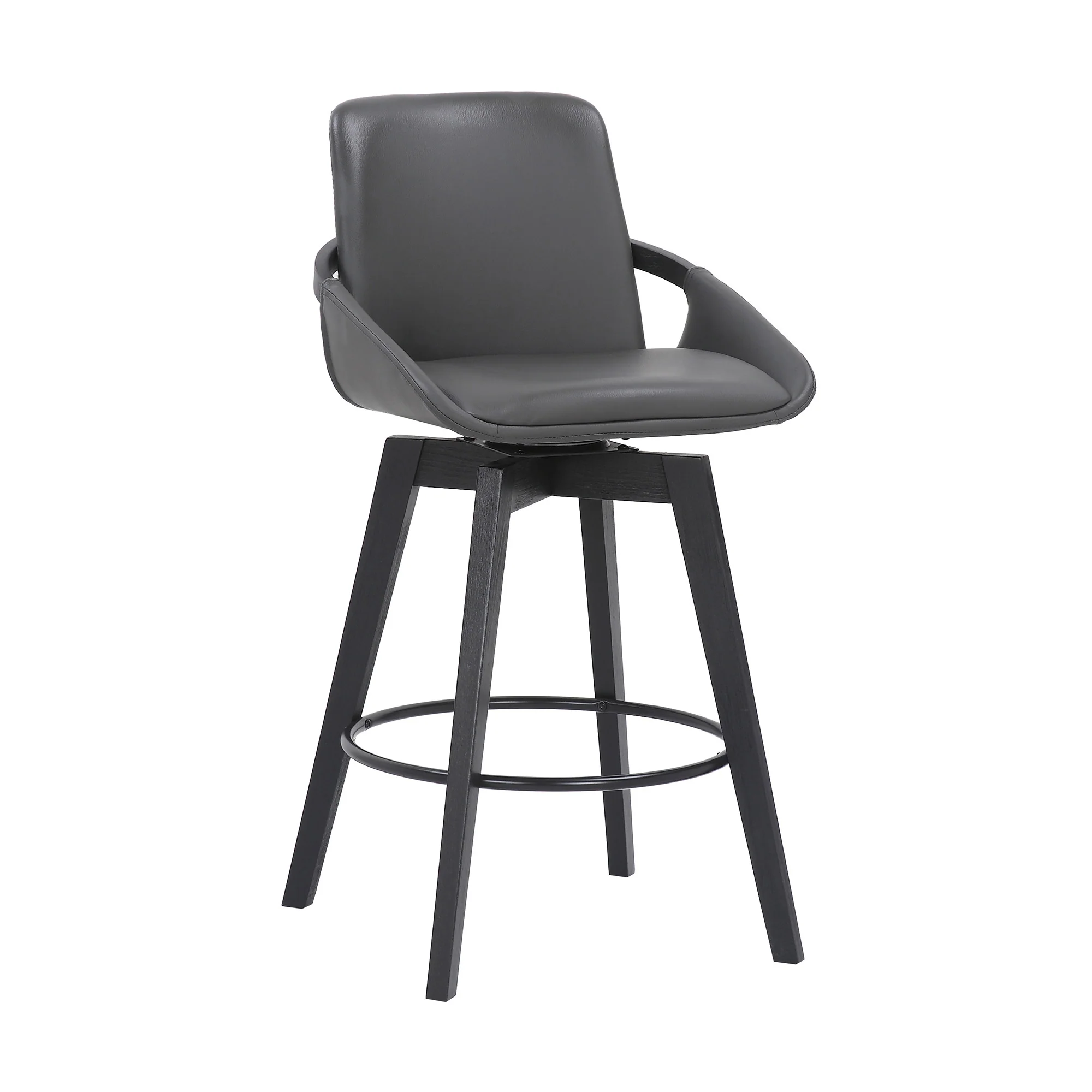 27" Gray and Black Faux Leather Swivel Low Back Bar Height Bar Chair with Footrest By Homeroots - Image 2