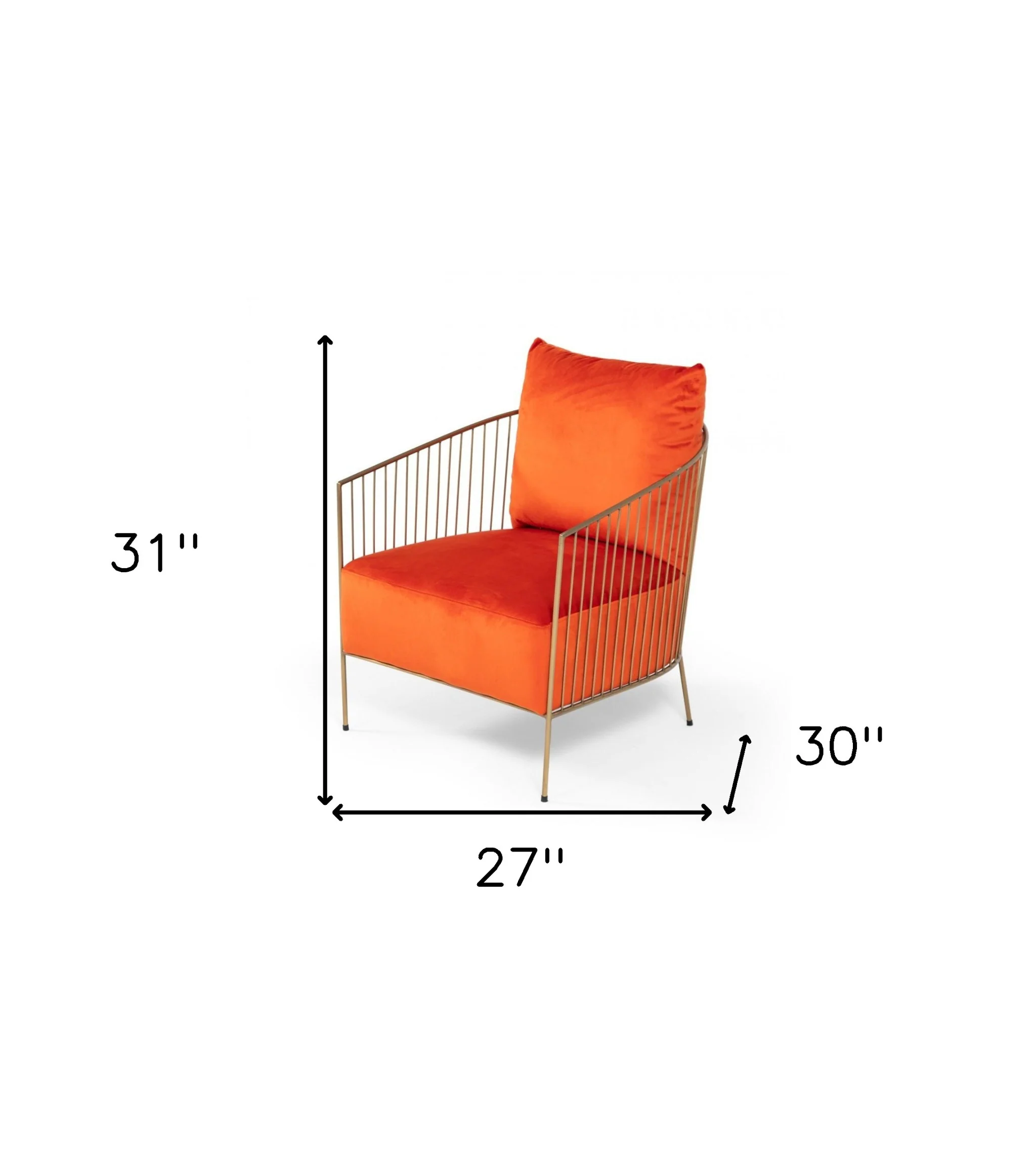 27" Orange Velvet And Gold Solid Color Arm Chair By Homeroots - Image 7