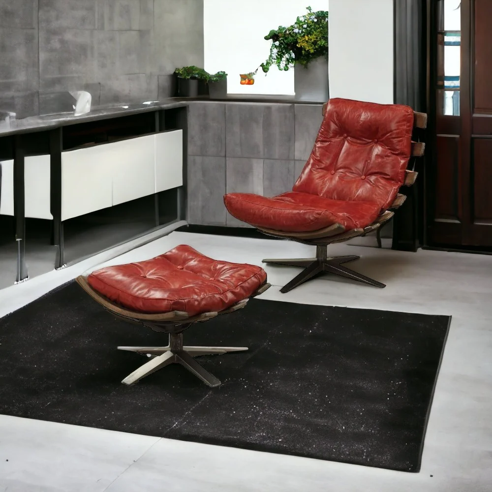 27" Red And Brown Top Grain Leather Tufted Swivel Lounge Chair With Ottoman By Homeroots - Image 2