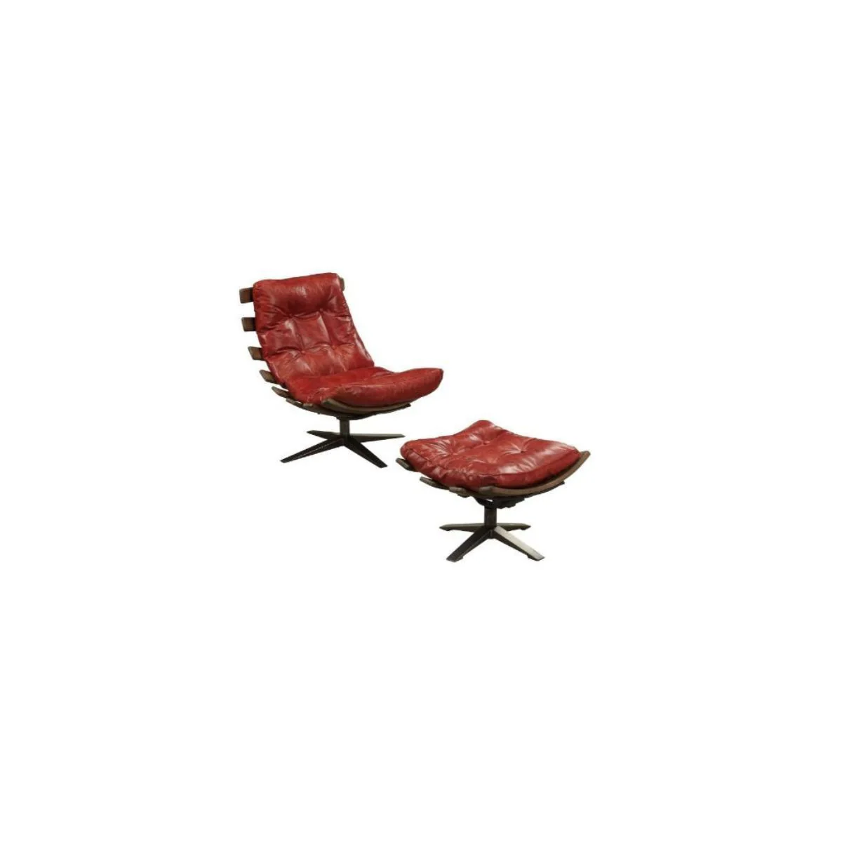 27" Red And Brown Top Grain Leather Tufted Swivel Lounge Chair With Ottoman By Homeroots - Image 3