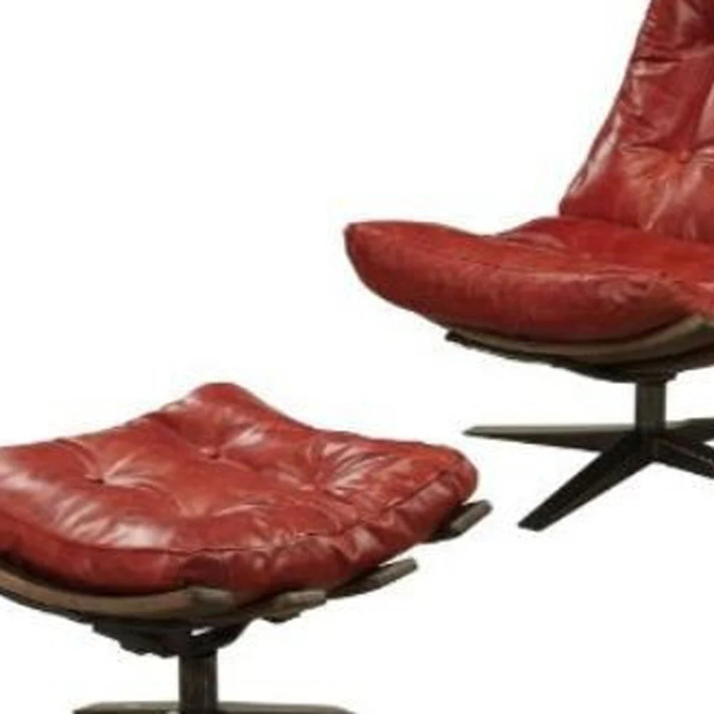 27" Red And Brown Top Grain Leather Tufted Swivel Lounge Chair With Ottoman By Homeroots - Image 5
