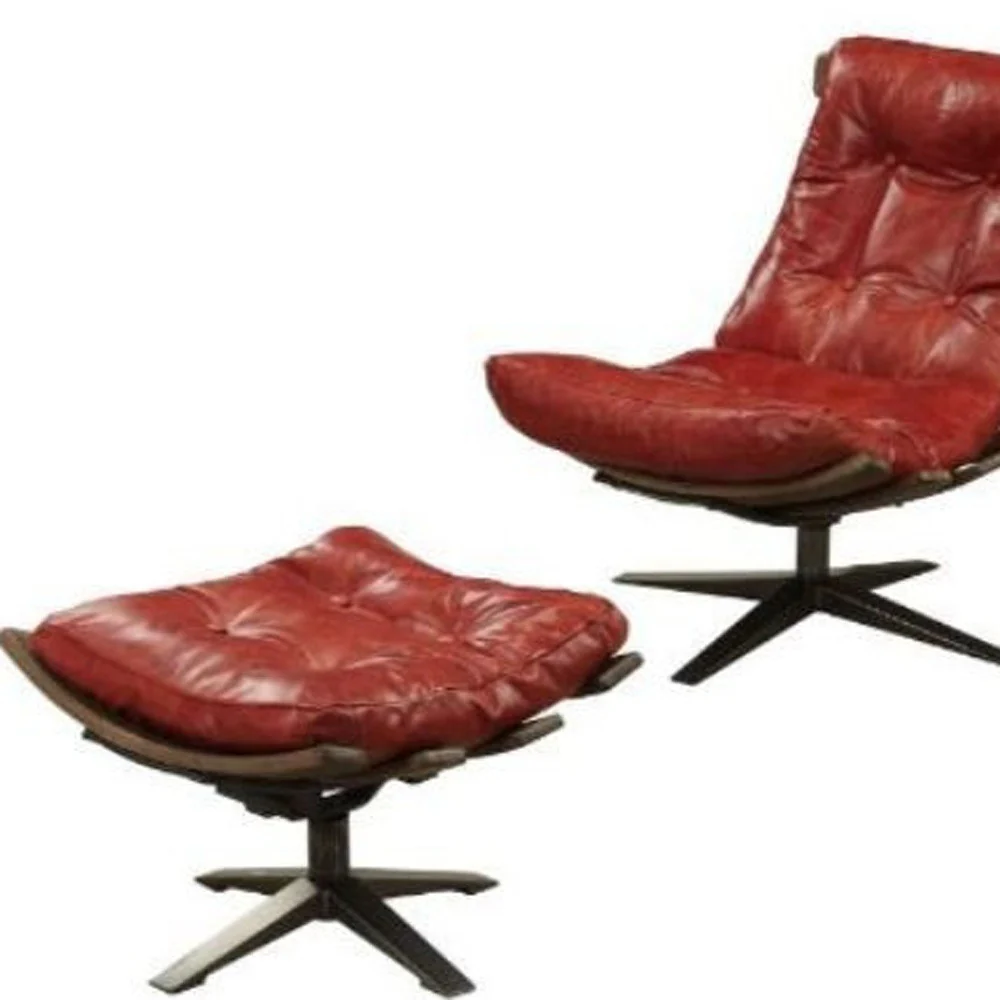 27" Red And Brown Top Grain Leather Tufted Swivel Lounge Chair With Ottoman By Homeroots - Image 6