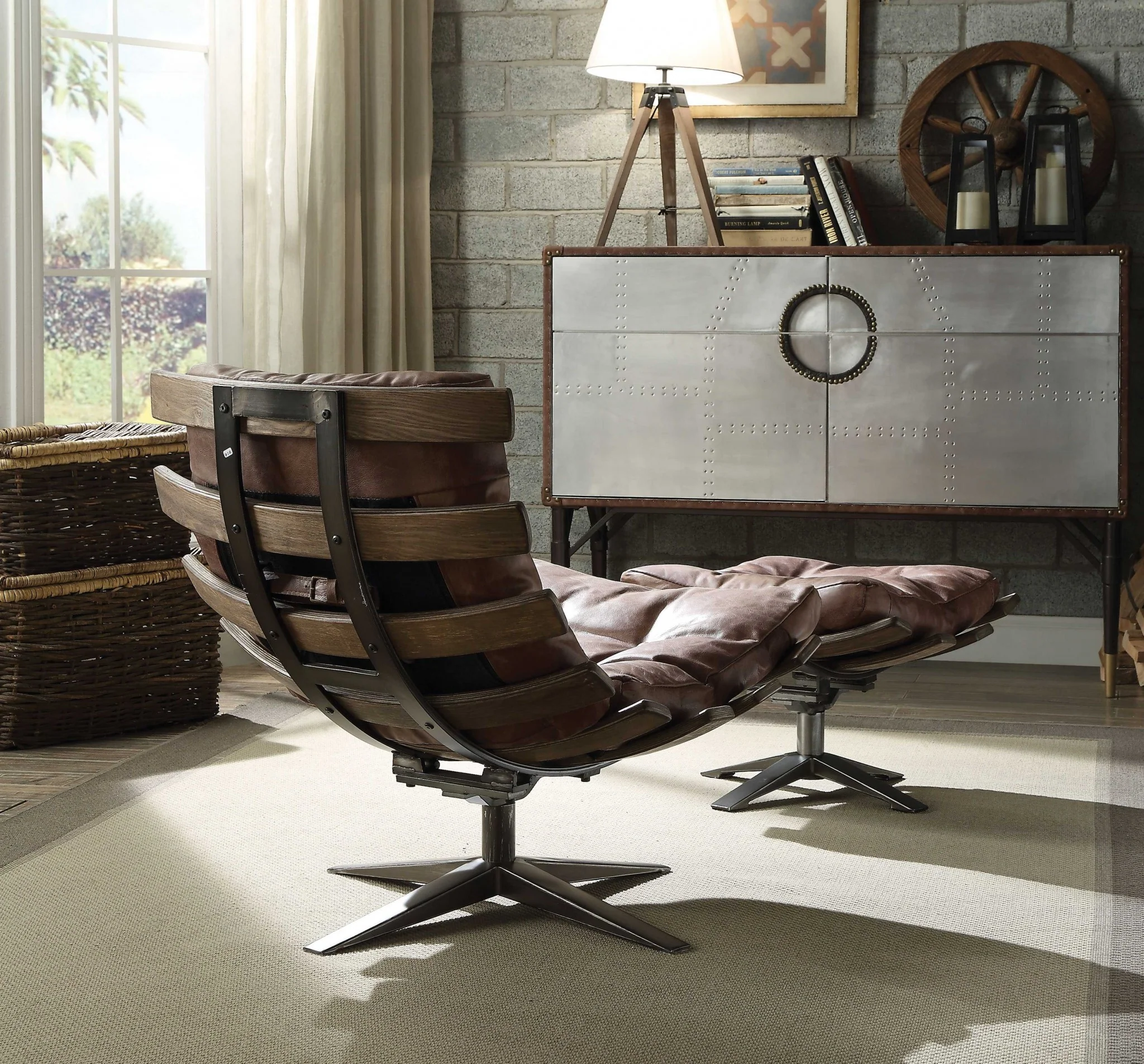 27' X 35' X 33' 2Pc Retro Brown Top Grain Leather Chair And Ottoman By Homeroots - Image 2