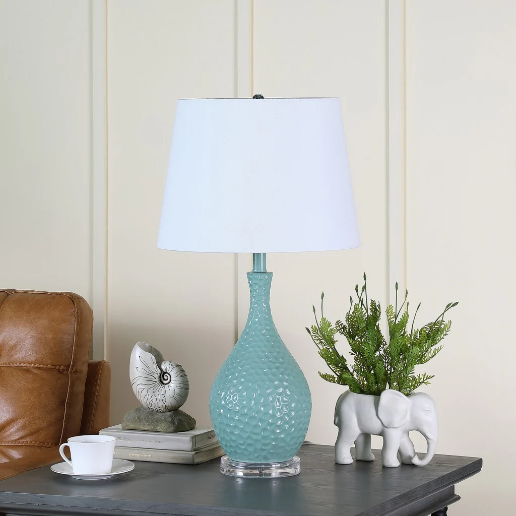 28" Aqua Hammered Urn Table Lamp With White Tapered Drum Shade By Homeroots - Image 2