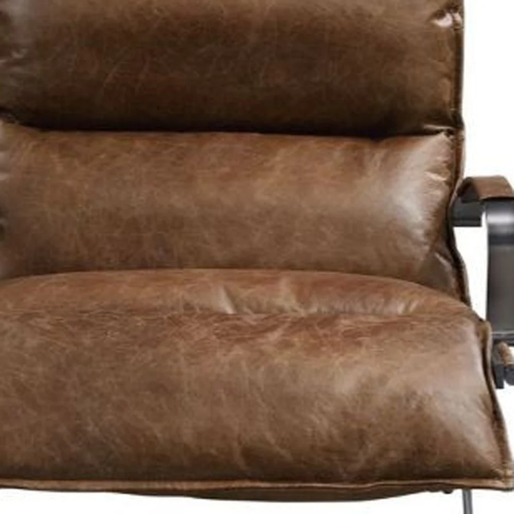 28" Brown Top Grain Leather And Steel Lounge Chair By Homeroots - Image 3