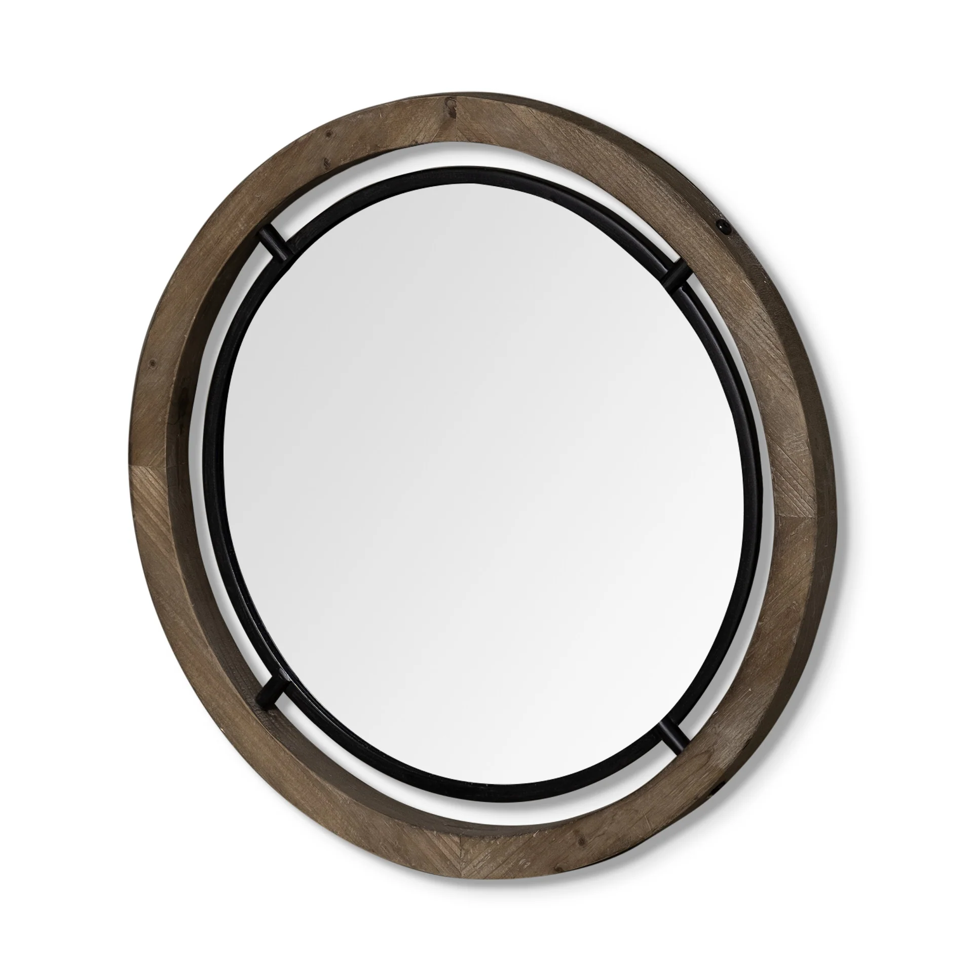 28" Brown Wood and Black Metal Double Frame Wall Mirror By Homeroots - Image 2