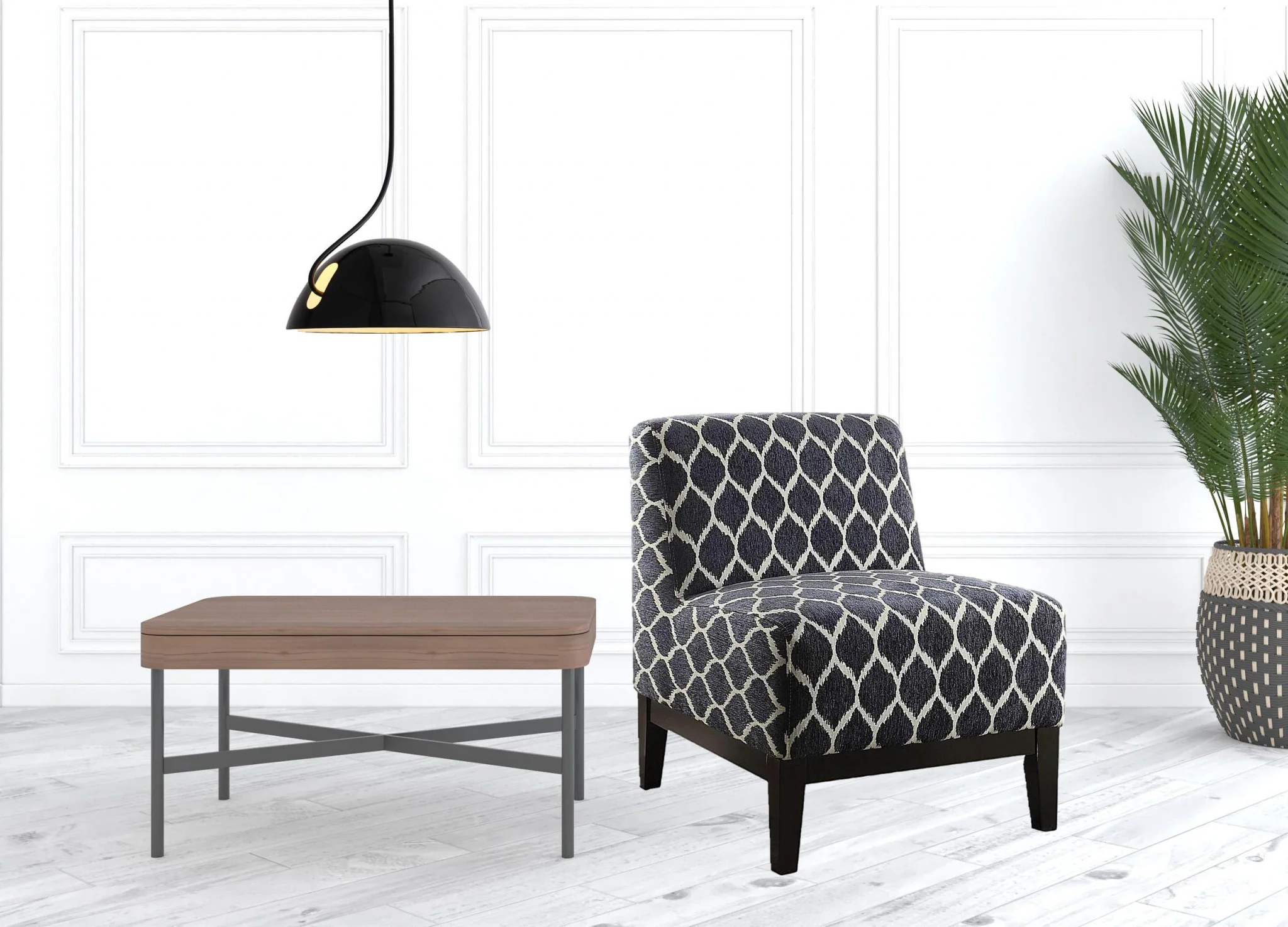 28" Dark Blue Chenille And Black Trellis Slipper Chair By Homeroots - Image 2