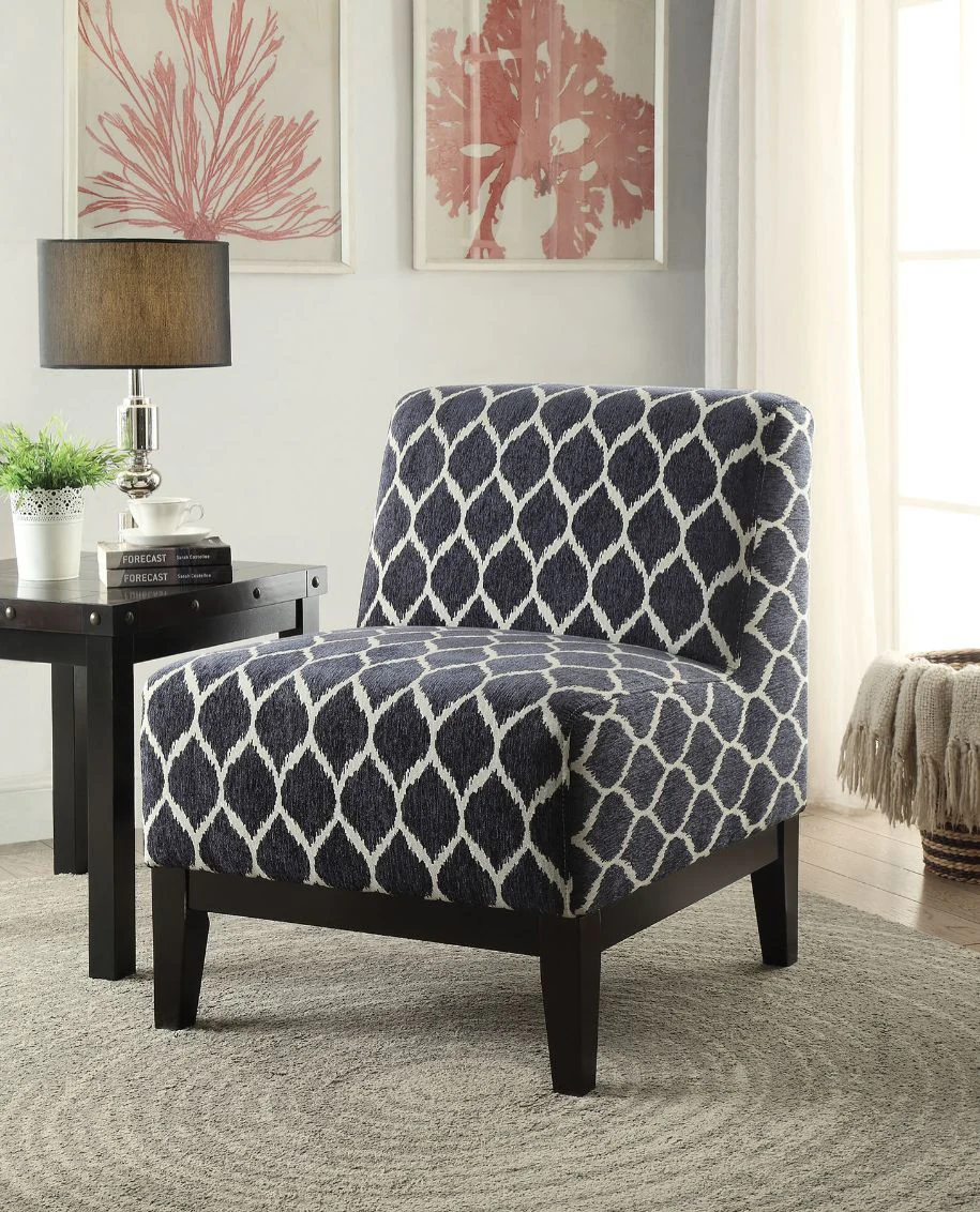 28" Dark Blue Chenille And Black Trellis Slipper Chair By Homeroots - Image 6