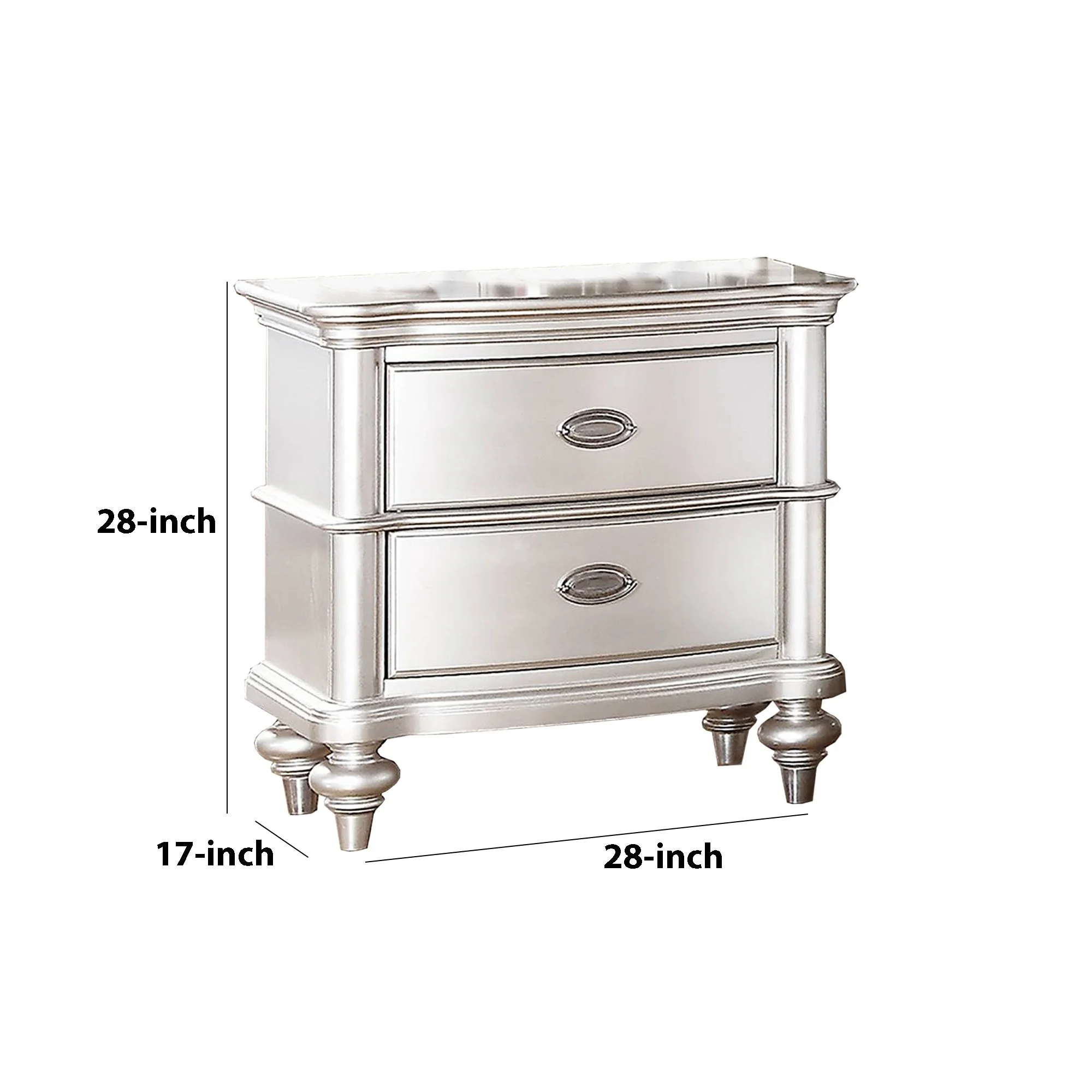 28 Inches 2 Drawer Wooden Nightstand With Turned Legs Silver By Benzara - Image 4