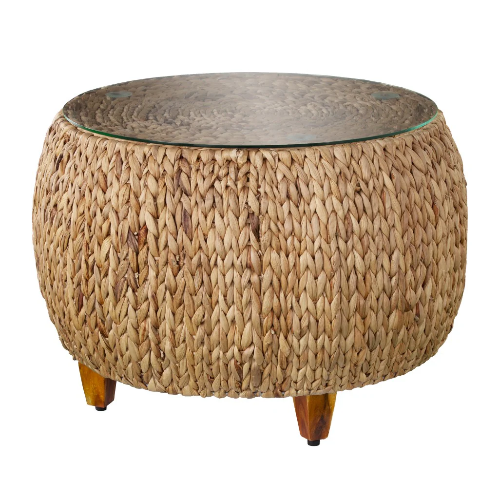 28" Natural And Natural Brown Glass And Solid Wood Square Coffee Table By Homeroots - Image 2