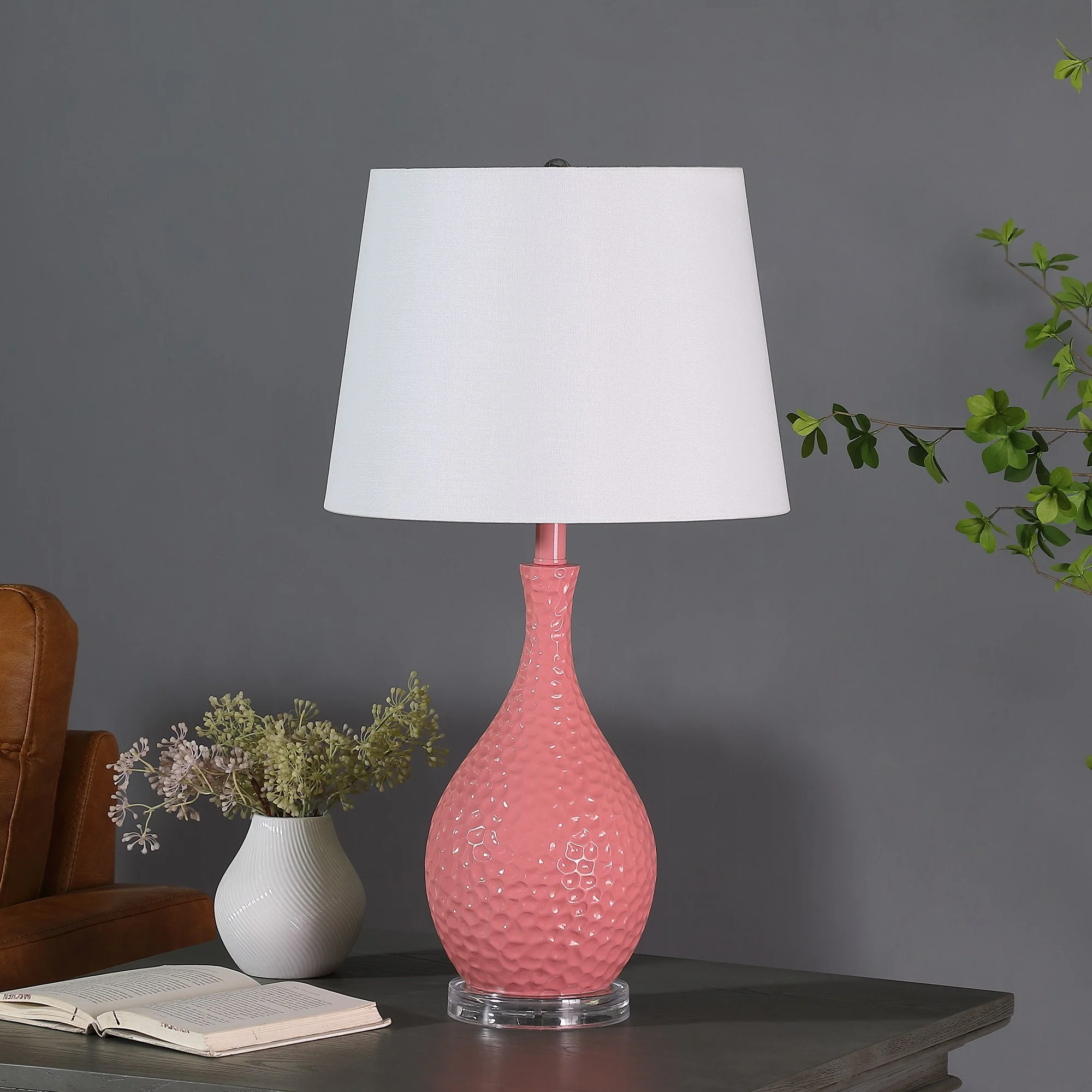 28" Pink Hammered Urn Table Lamp With White Tapered Drum Shade By Homeroots - Image 2
