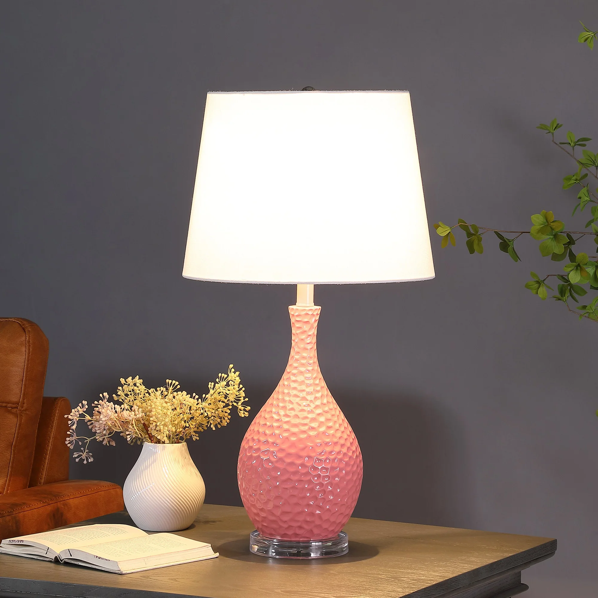 28" Pink Hammered Urn Table Lamp With White Tapered Drum Shade By Homeroots - Image 3