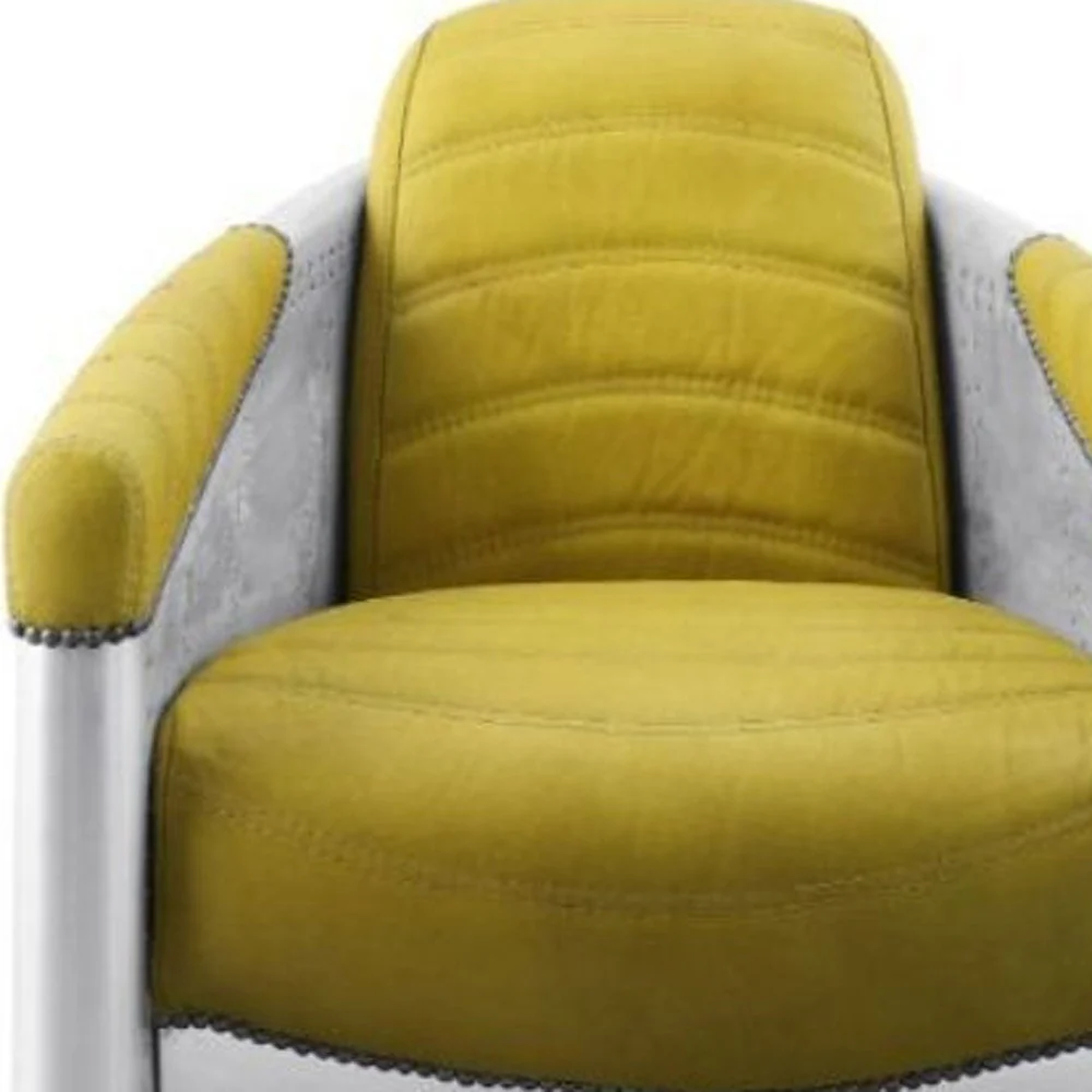 28" Yellow Top Grain Leather And Steel Barrel Chair By Homeroots - Image 3