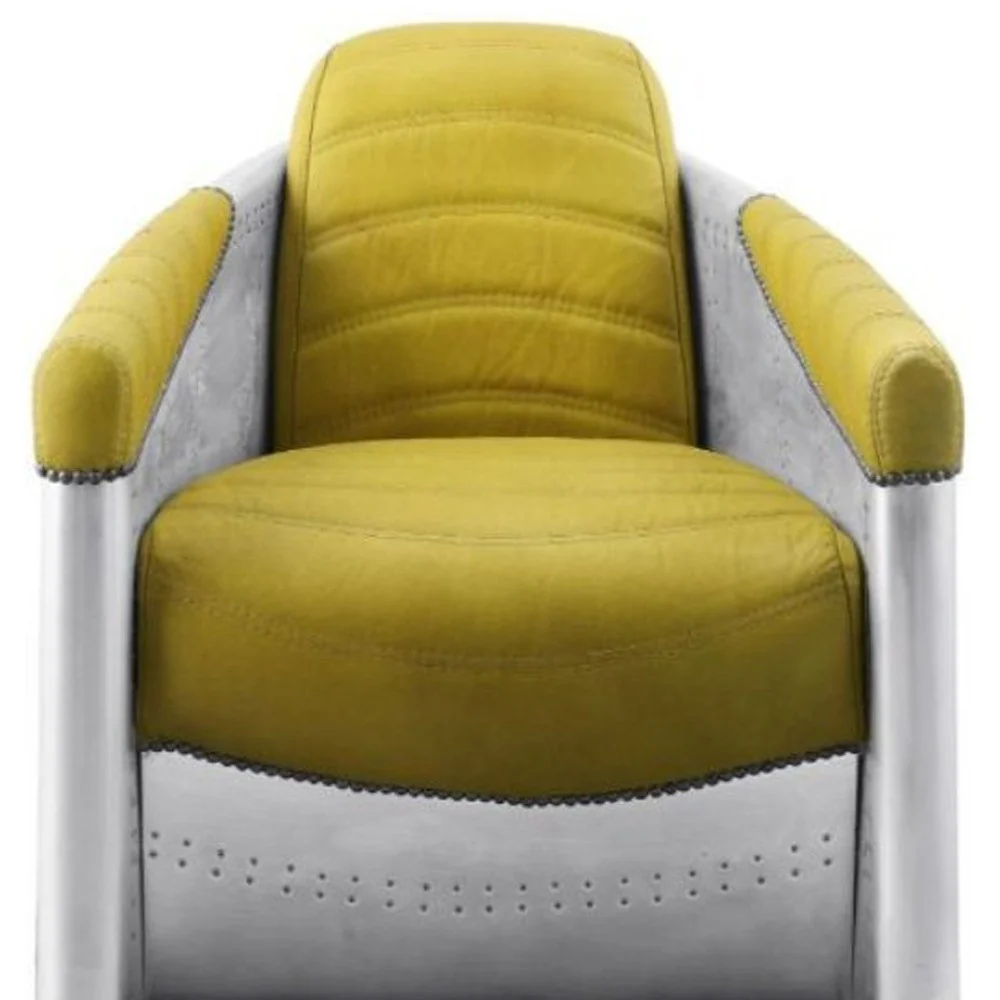 28" Yellow Top Grain Leather And Steel Barrel Chair By Homeroots - Image 4