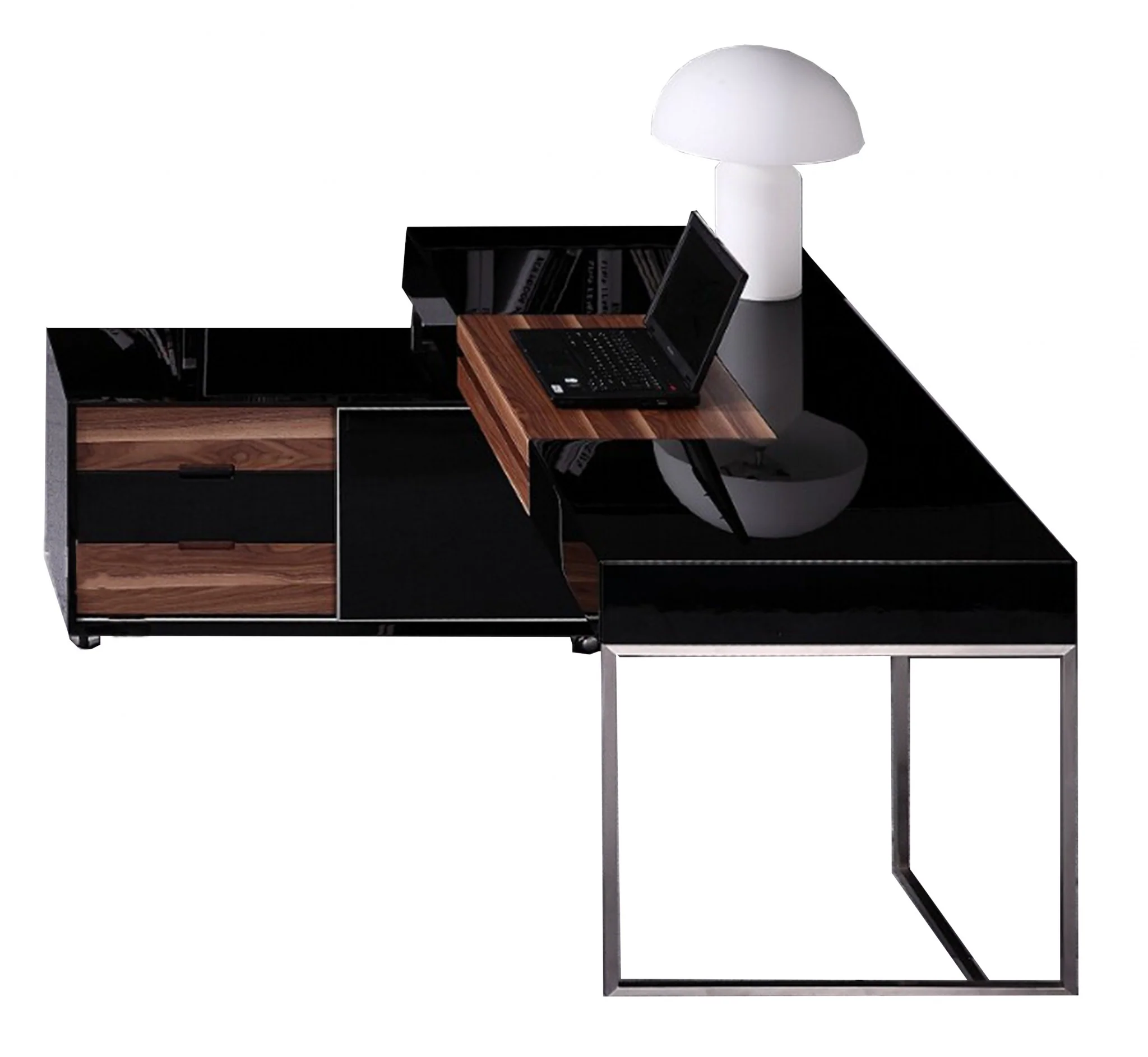 29.5 Black Gloss and Walnut Veneer and Stainless Steel Office Desk By Homeroots - Image 2