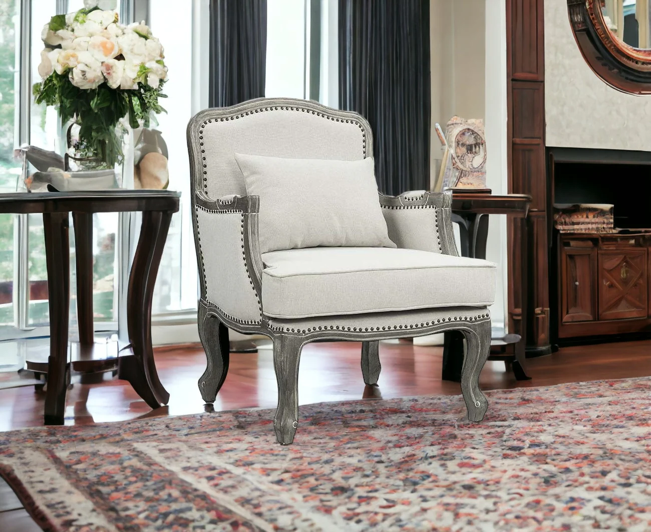 29" Cream And Brown Linen Arm Chair By Homeroots - Image 4