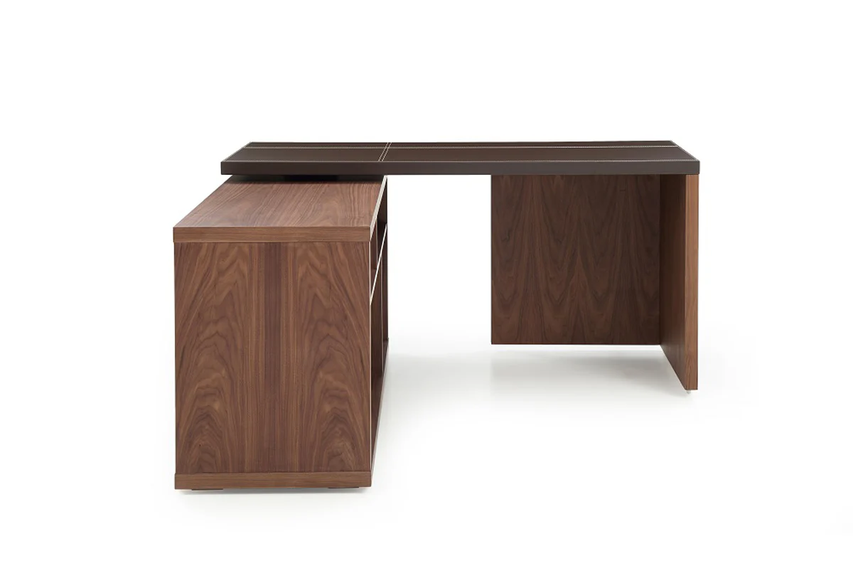 29 Walnut and Brown Veneer L Shaped Desk with a Leather Top By Homeroots - Image 2
